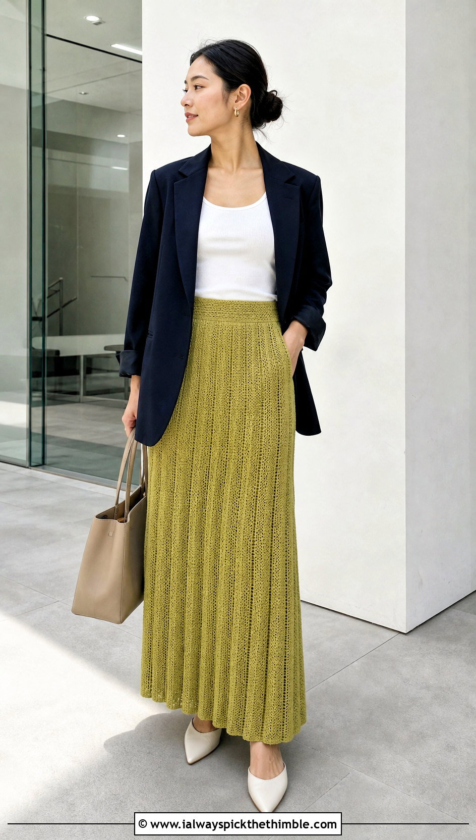 Micro Pleat Crochet Maxi Skirt With Tank And Blazer - 25 crochet pleated skirt outfit ideas