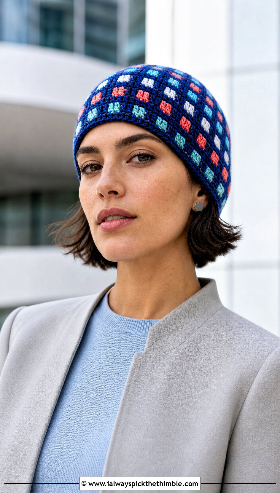 Micro Square Beanie With Minimalist Coat - 25 crochet granny square beanie outfit ideas
