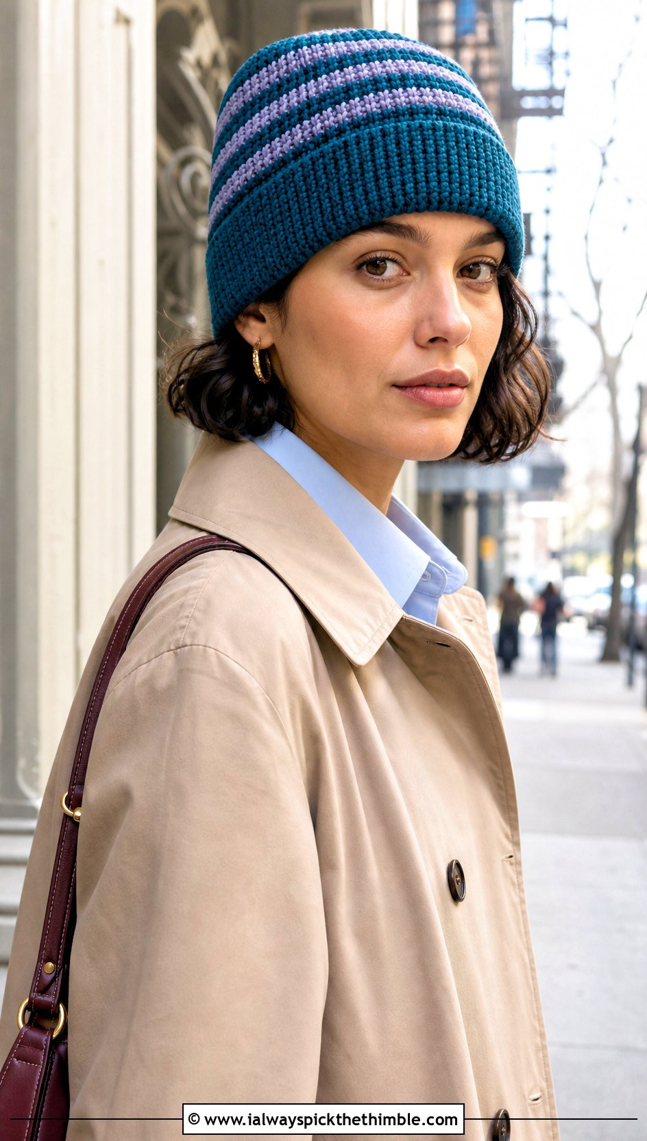 Micro Stripe Cuffed Crochet Beanie With Trench Coat - 15 Crochet Striped Beanies outfit ideas