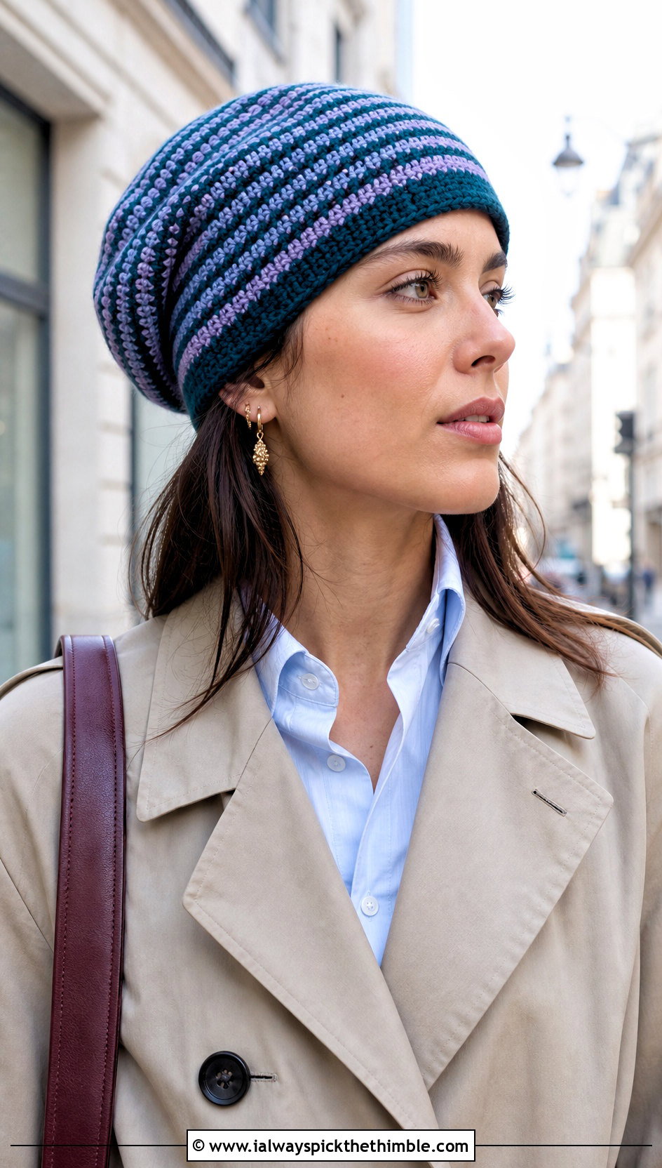 Micro Stripe Slouchy Crochet Beanie With Trench Coat - 20 striped crochet beanie outfit ideas