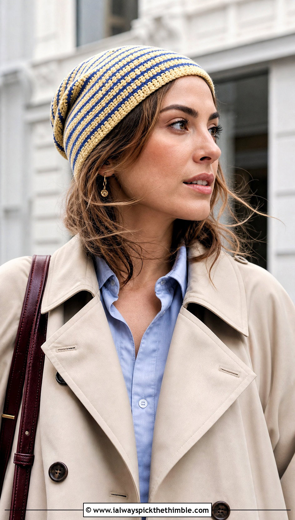Micro Stripe Slouchy Crochet Beanie With Trench Coat - 15 Striped Slouchy Crochet Beanie outfit ideas