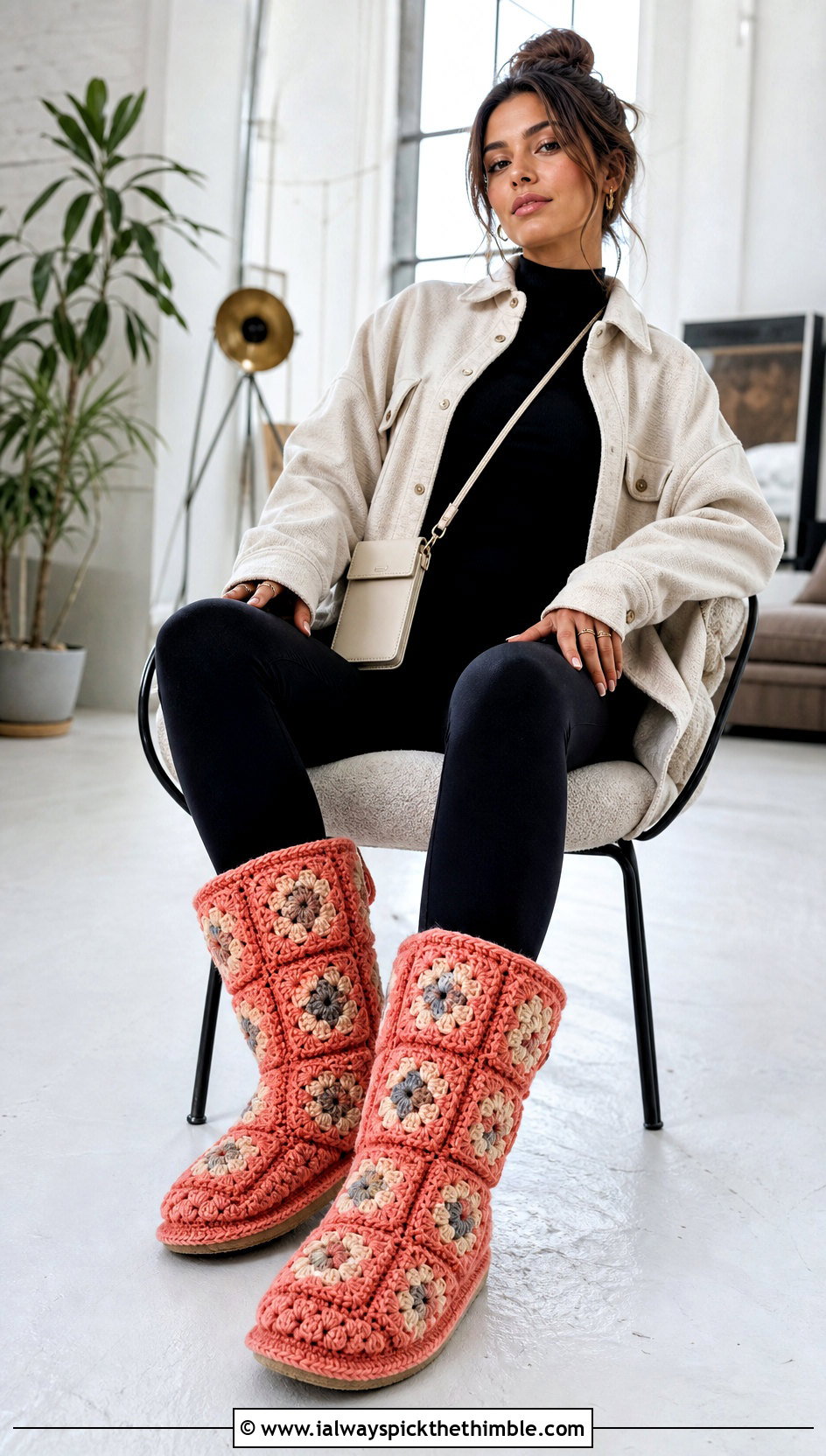 Mid Calf Granny Square Slipper Boots With A Shacket And Leggings - 15 Granny Square Slipper Socks outfit ideas