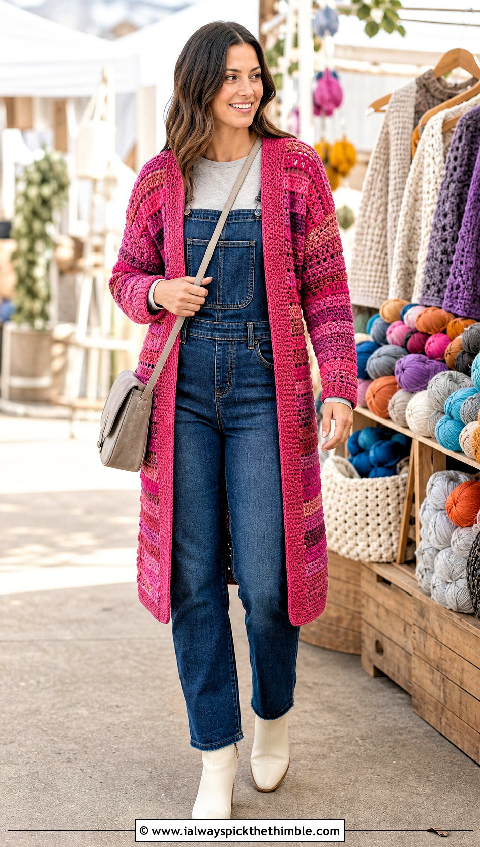 Mid Length Riverbed Crochet Cardigan With Denim Overalls - 20 riverbed crochet cardigan outfit ideas