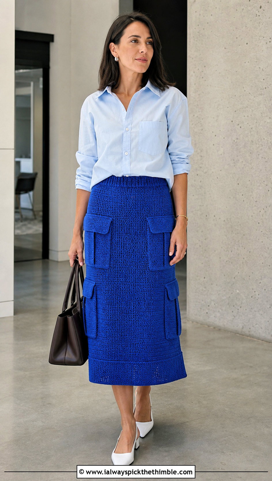 Midi Crochet Cargo Skirt With Poplin Shirt - 25 crochet cargo skirt outfit ideas