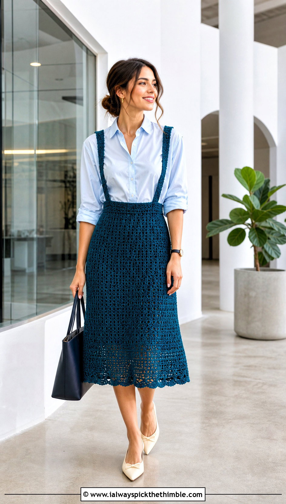 Midi Crochet Suspender Skirt With Button Down Shirt - 20 crochet suspender skirt outfit ideas