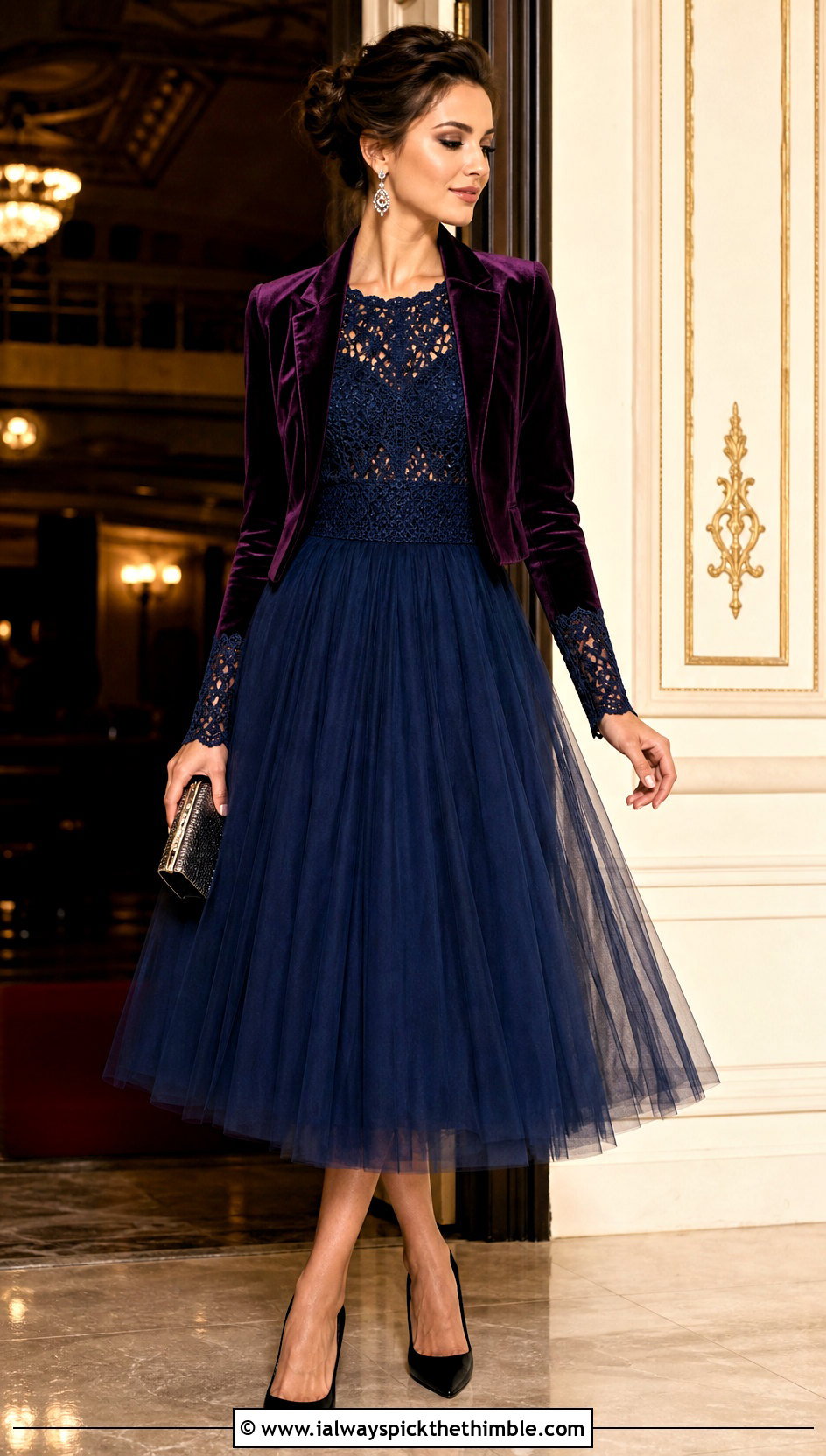 Midnight Blue Long Sleeve Crochet Tutu Dress With Velvet Blazer - 15 blue crochet tutu dress outfit ideas