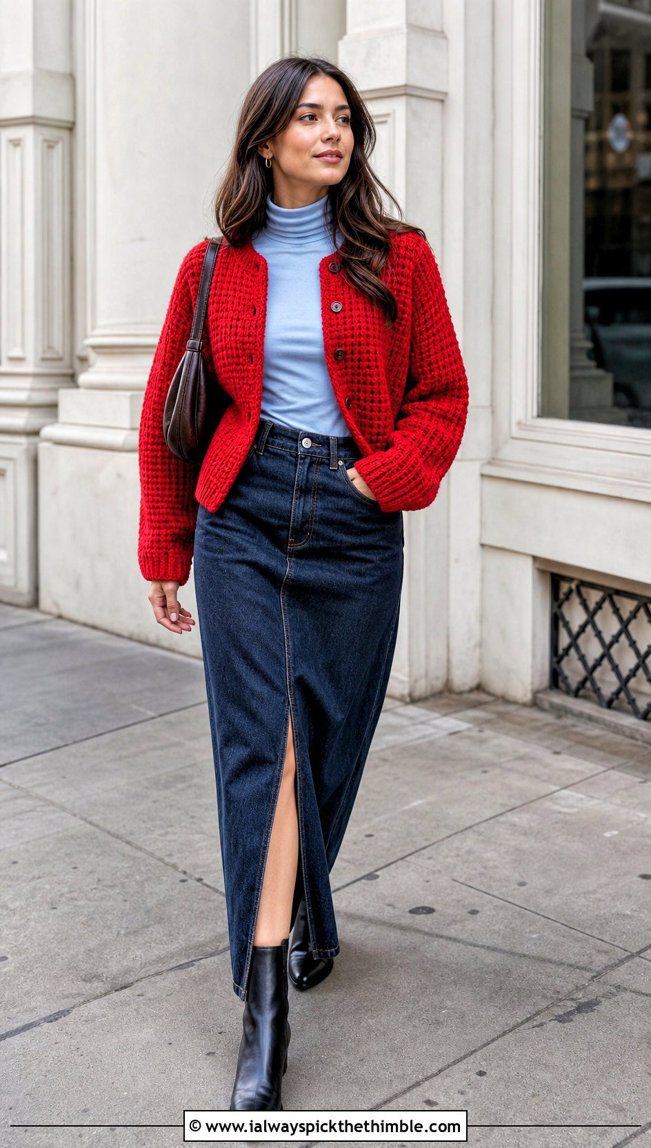 Midnight Waffle Crochet Cardigan With Denim Maxi Skirt - 15 midnight waffle crochet cardigan outfit ideas