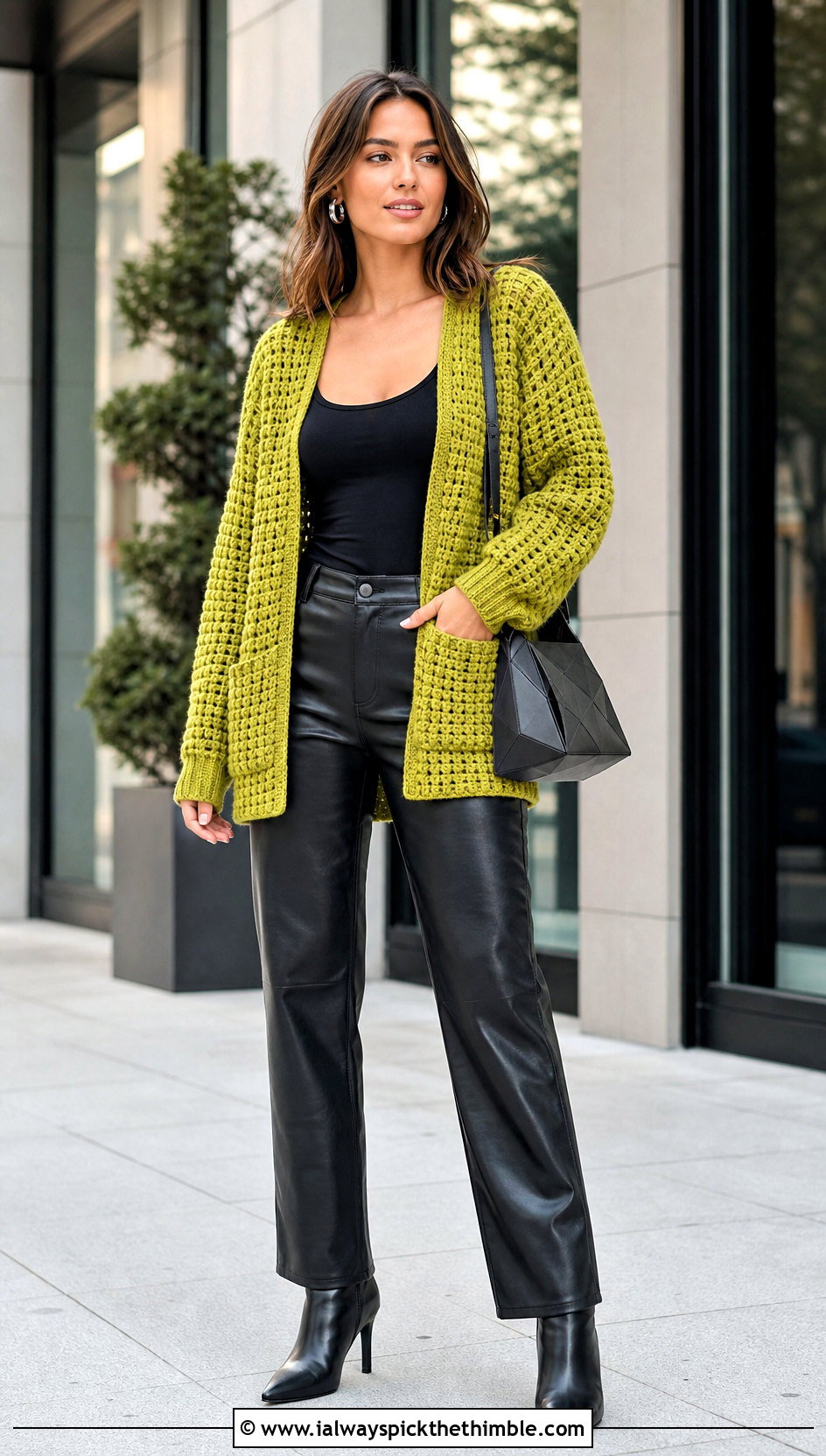 Midnight Waffle Crochet Cardigan With Faux Leather Pants - 15 midnight waffle crochet cardigan outfit ideas