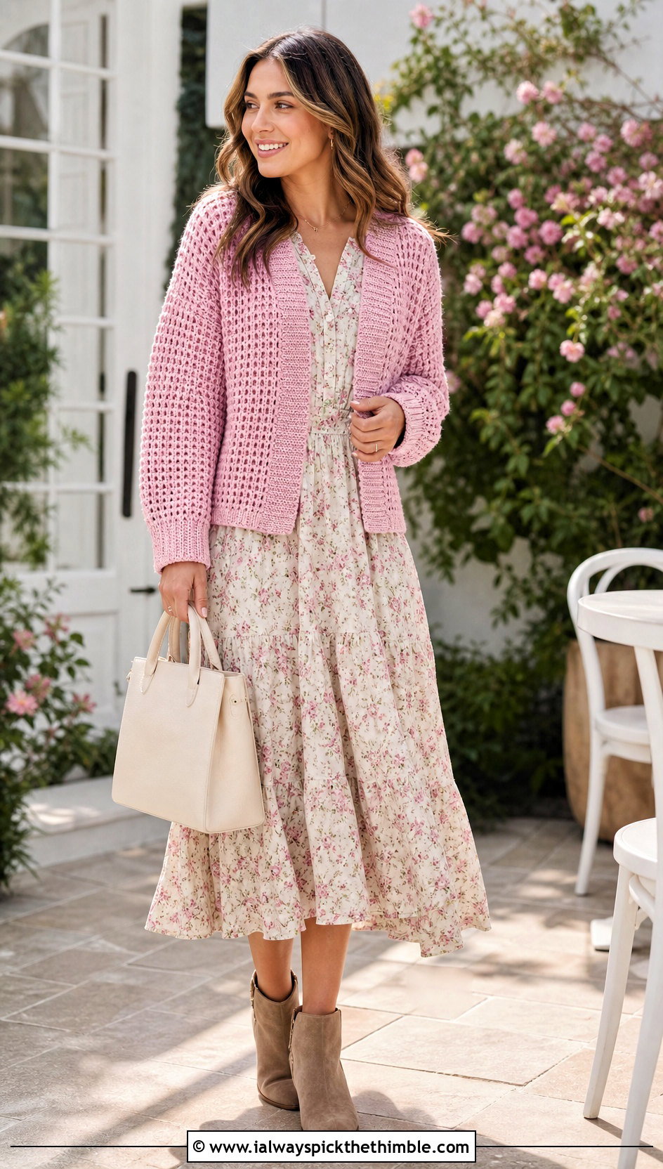 Midnight Waffle Crochet Cardigan With Floral Midi Dress - 15 midnight waffle crochet cardigan outfit ideas