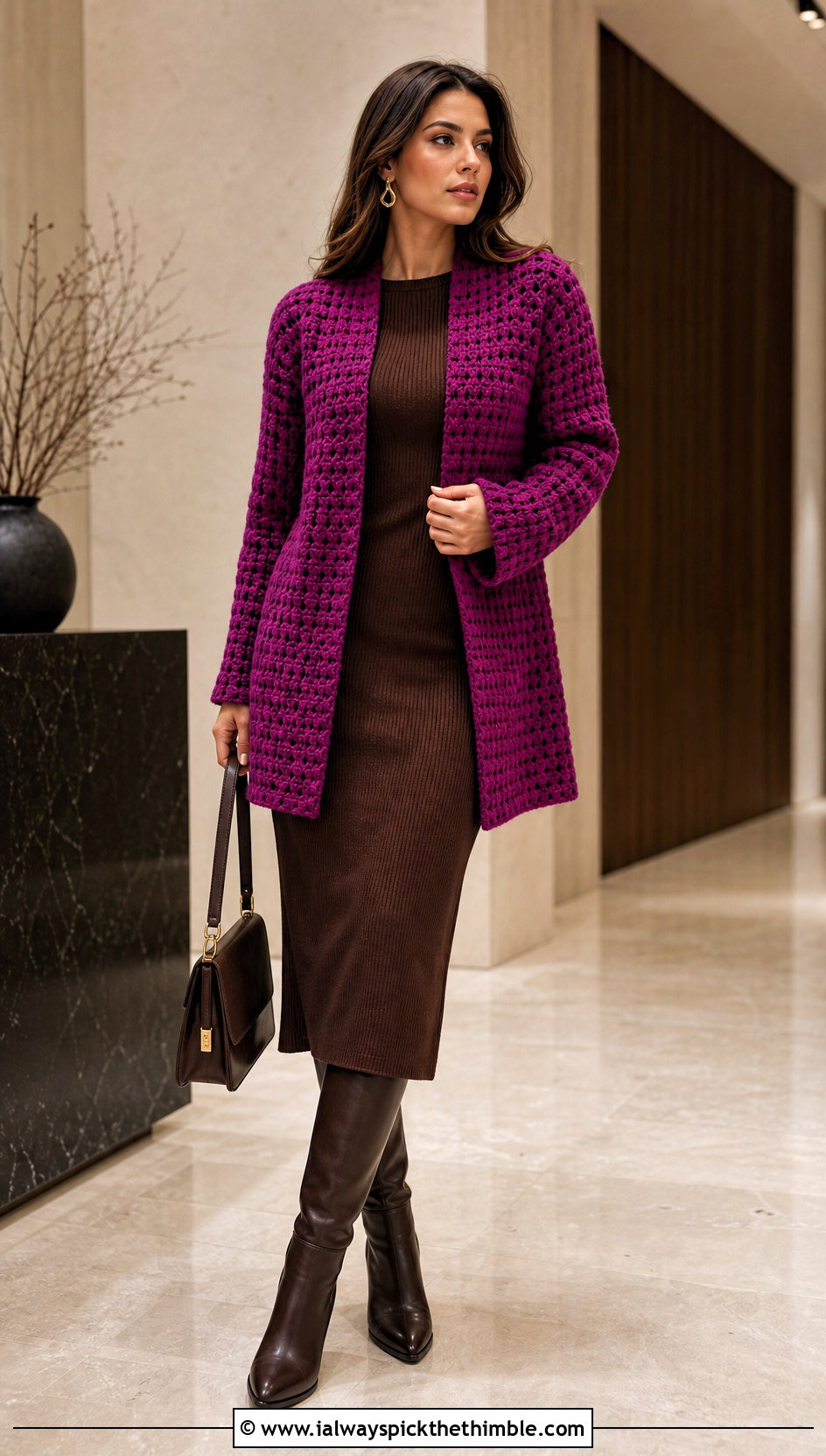 Midnight Waffle Crochet Cardigan With Knit Column Dress - 15 midnight waffle crochet cardigan outfit ideas