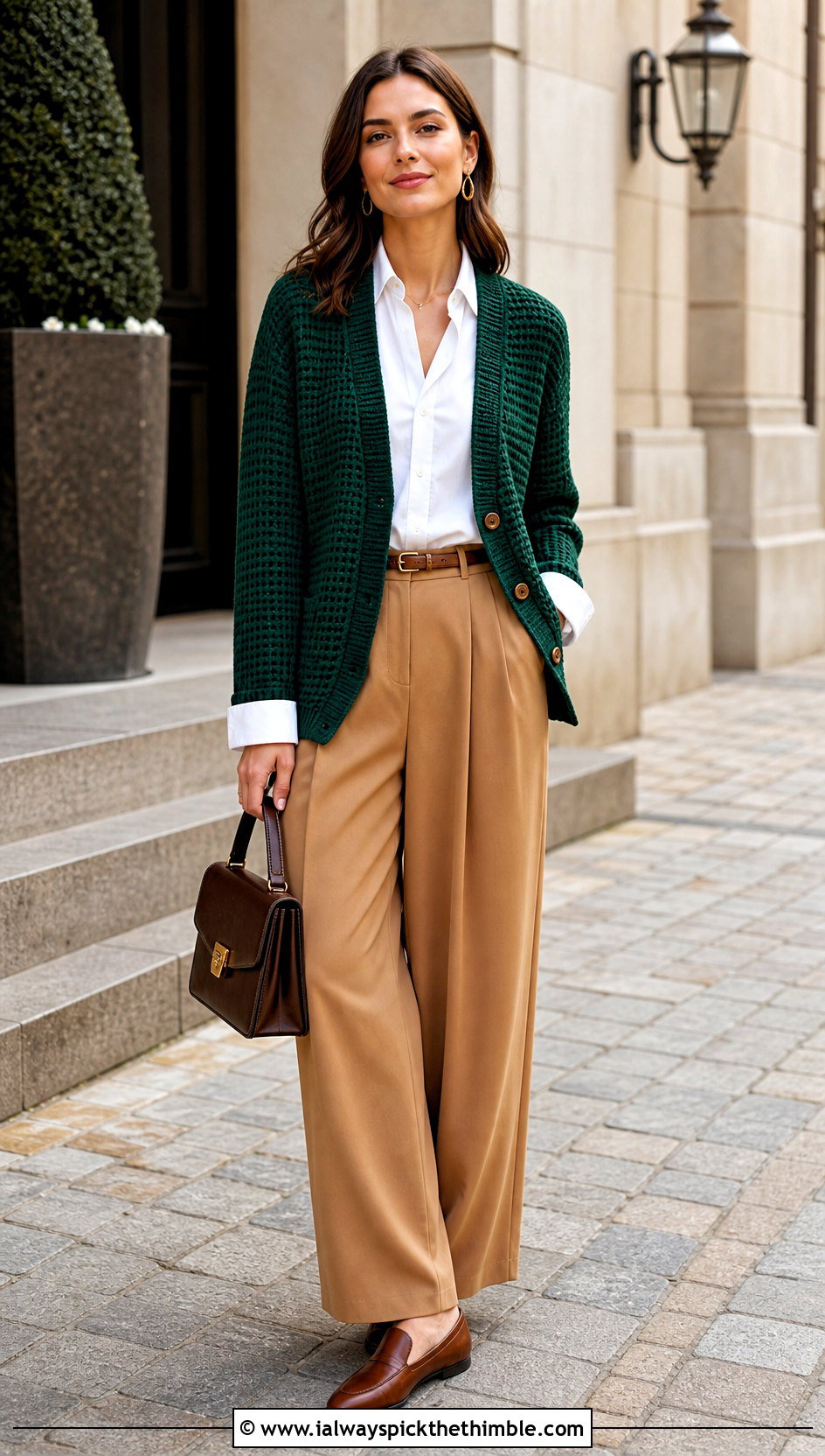Midnight Waffle Crochet Cardigan With Pleated Trousers - 15 midnight waffle crochet cardigan outfit ideas