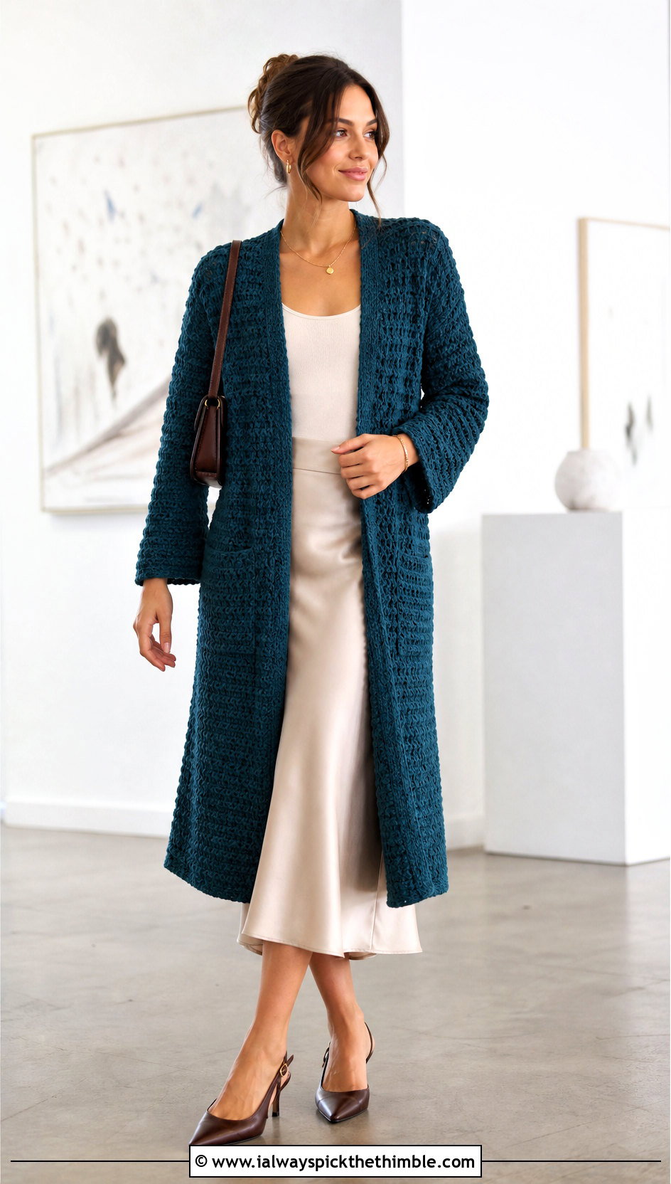Midnight Waffle Crochet Cardigan With Satin Midi Skirt - 15 midnight waffle crochet cardigan outfit ideas