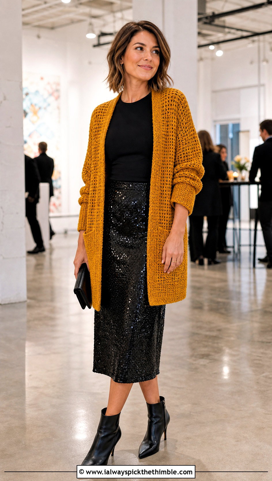 Midnight Waffle Crochet Cardigan With Sequin Midi Skirt - 15 midnight waffle crochet cardigan outfit ideas