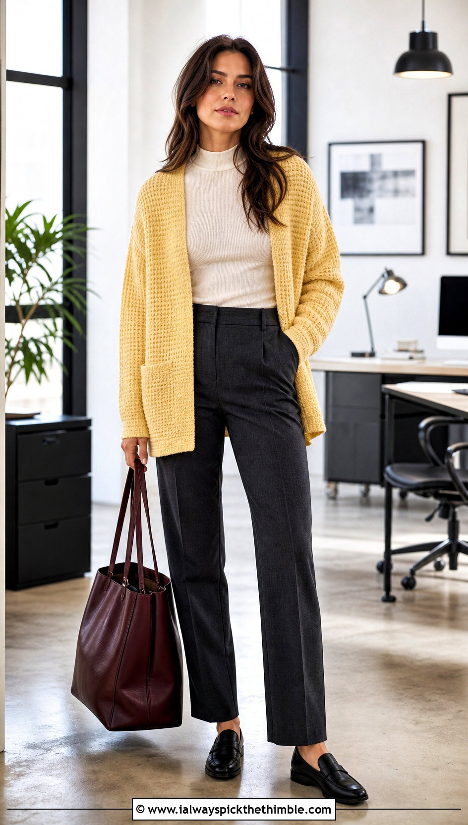 Midnight Waffle Crochet Cardigan With Tailored Trousers - 15 midnight waffle crochet cardigan outfit ideas