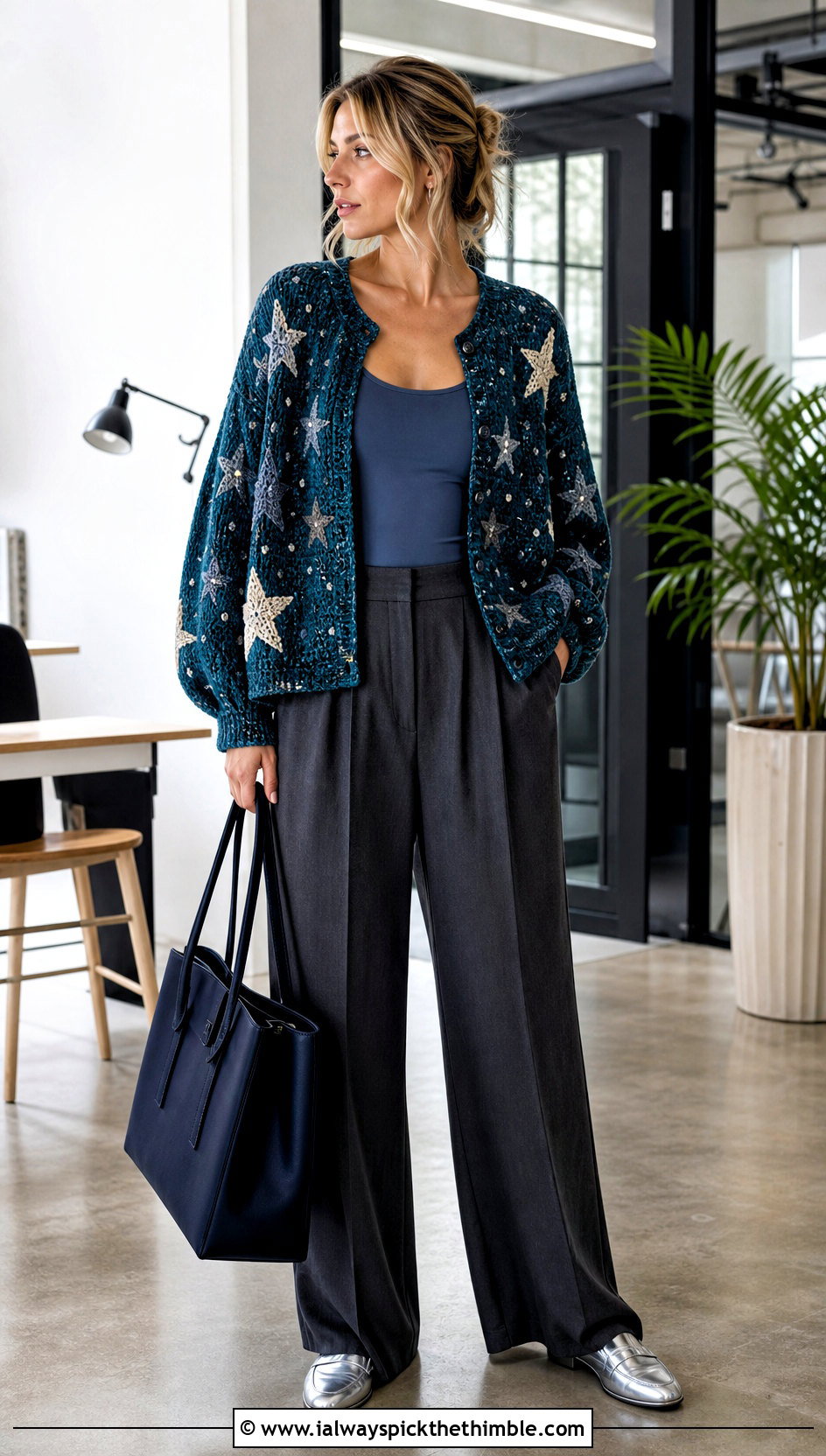 Midnights Star Cardigan With Wide Leg Trousers - 25 crochet taylor swift cardigan outfit ideas
