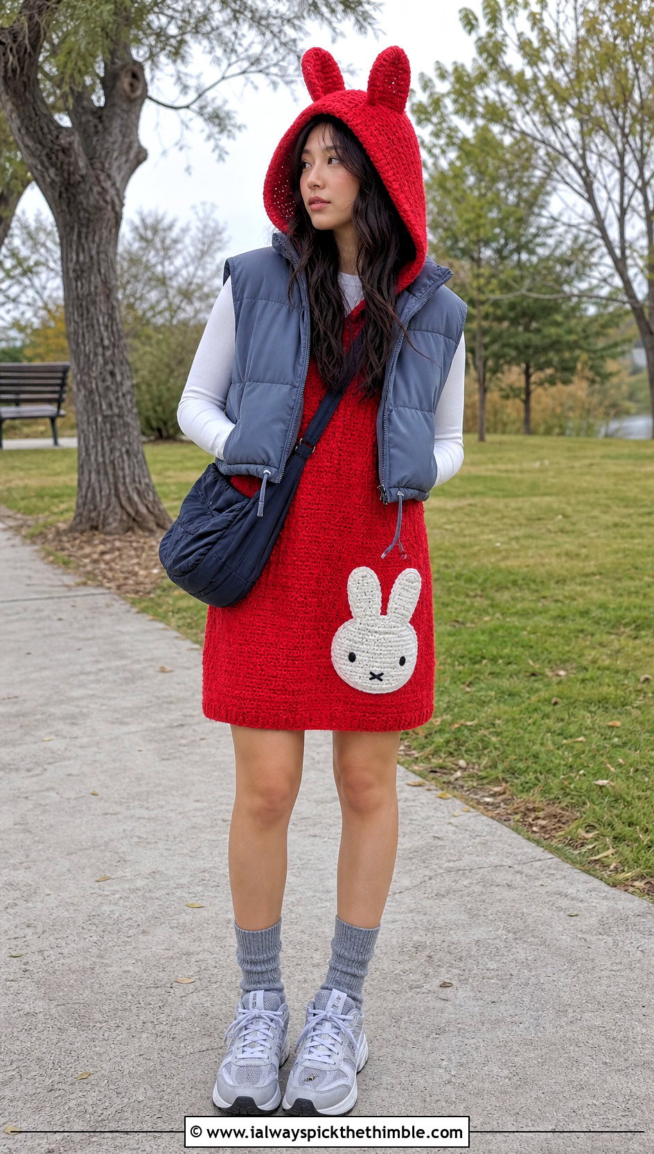 Miffy Hooded Crochet Dress With Puffer Vest - 20 Miffy Crochet Dress outfit ideas