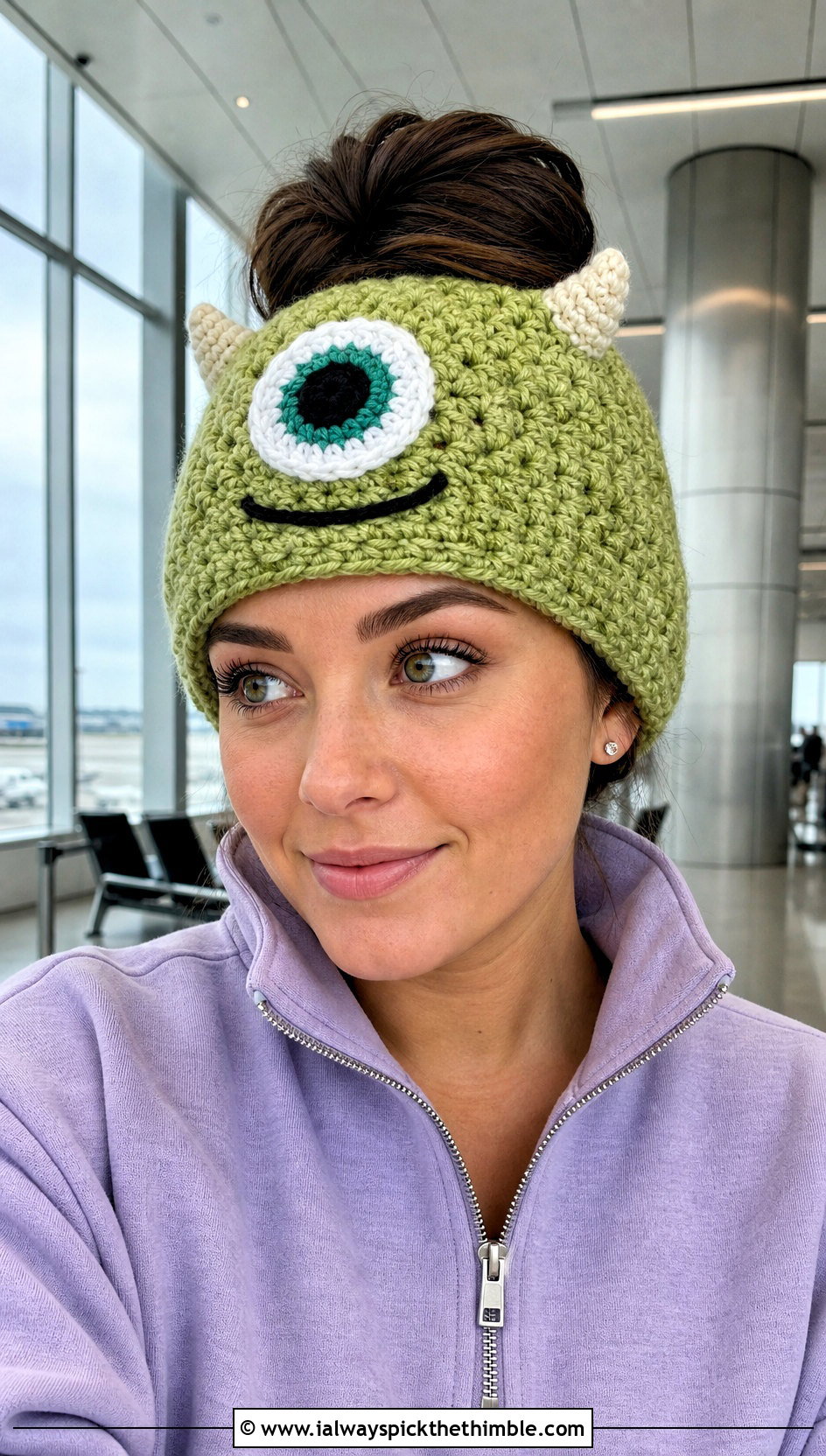 Mike Wazowski Crochet Messy Bun Hat With Lounge Set - 20 Monsters Inc Crochet Hat outfit ideas