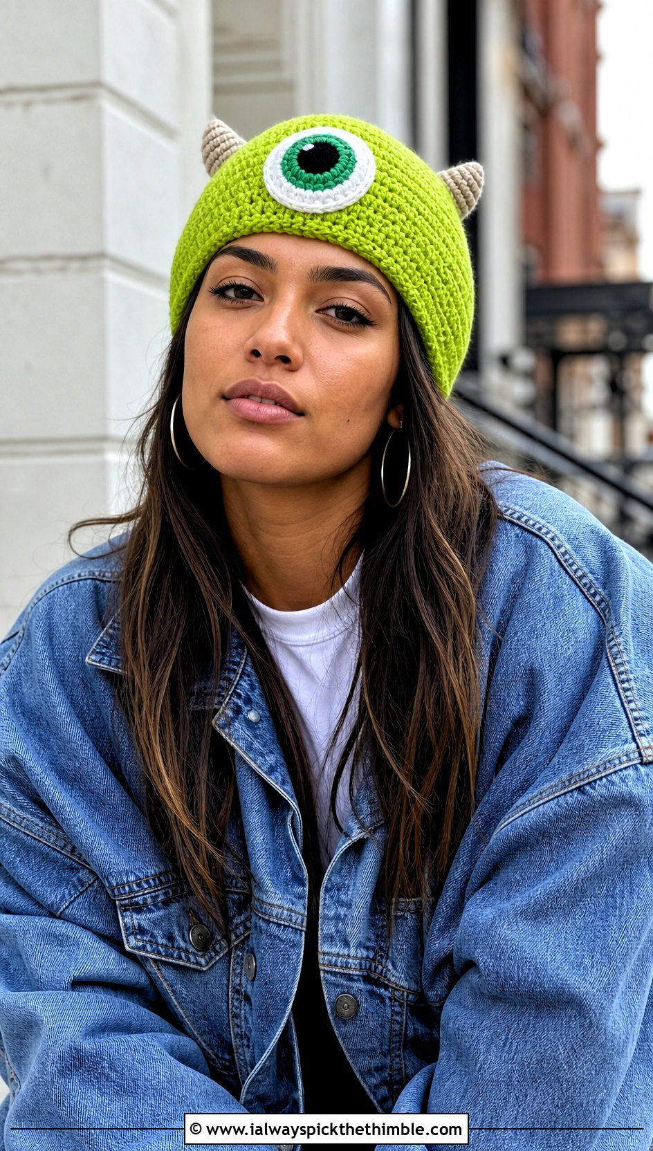 Mike Wazowski One Eye Crochet Beanie With Denim Jacket - 20 Monsters Inc Crochet Hat outfit ideas
