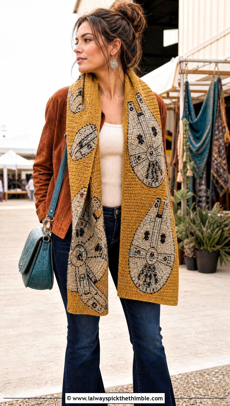 Millennium Falcon Tapestry Scarf With Suede Jacket - 15 Crochet Star Wars Scarf outfit ideas