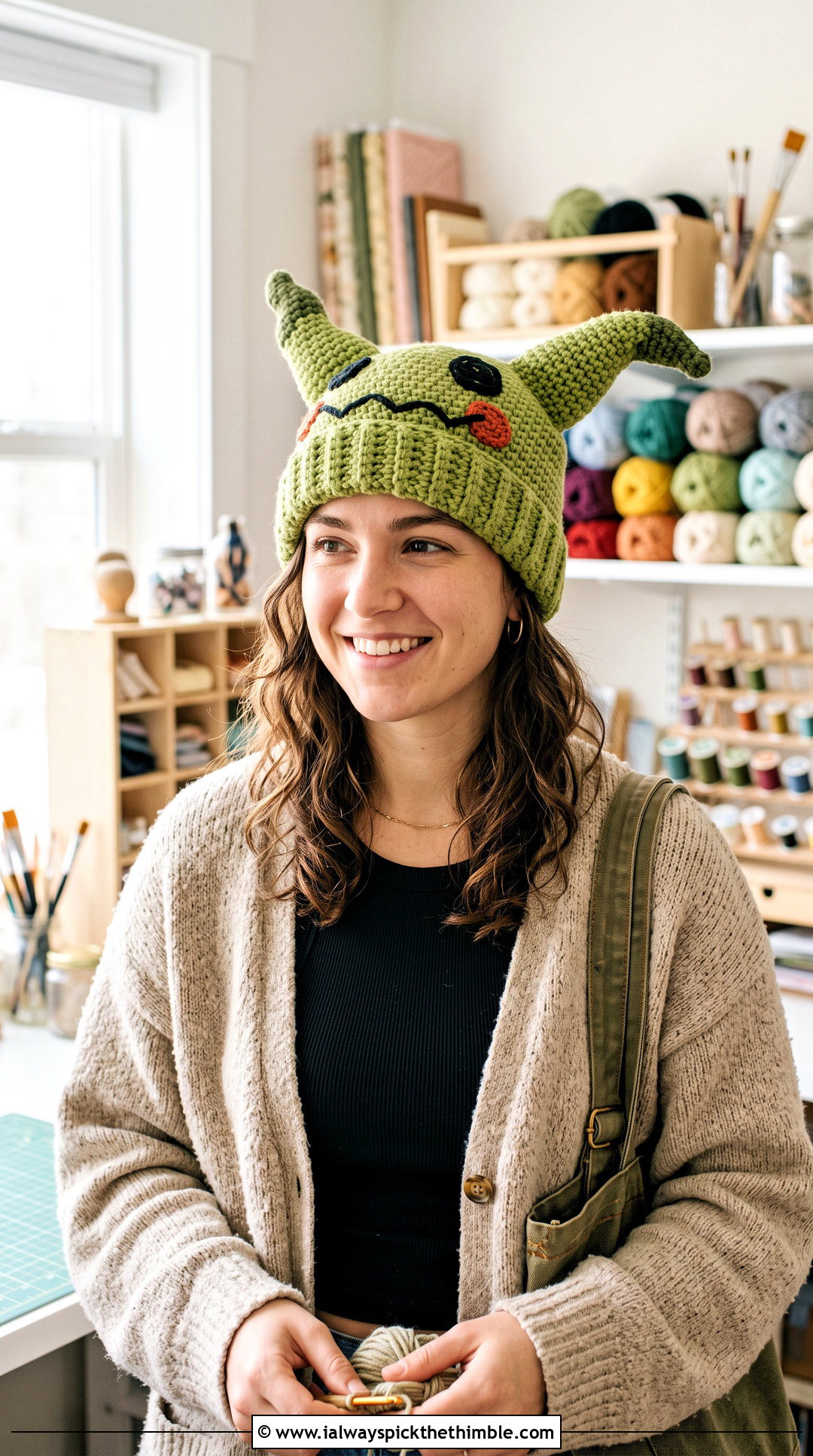 Mimikyu Ear Beanie With Oversized Cardigan - 20 crochet pokemon beanie outfit ideas