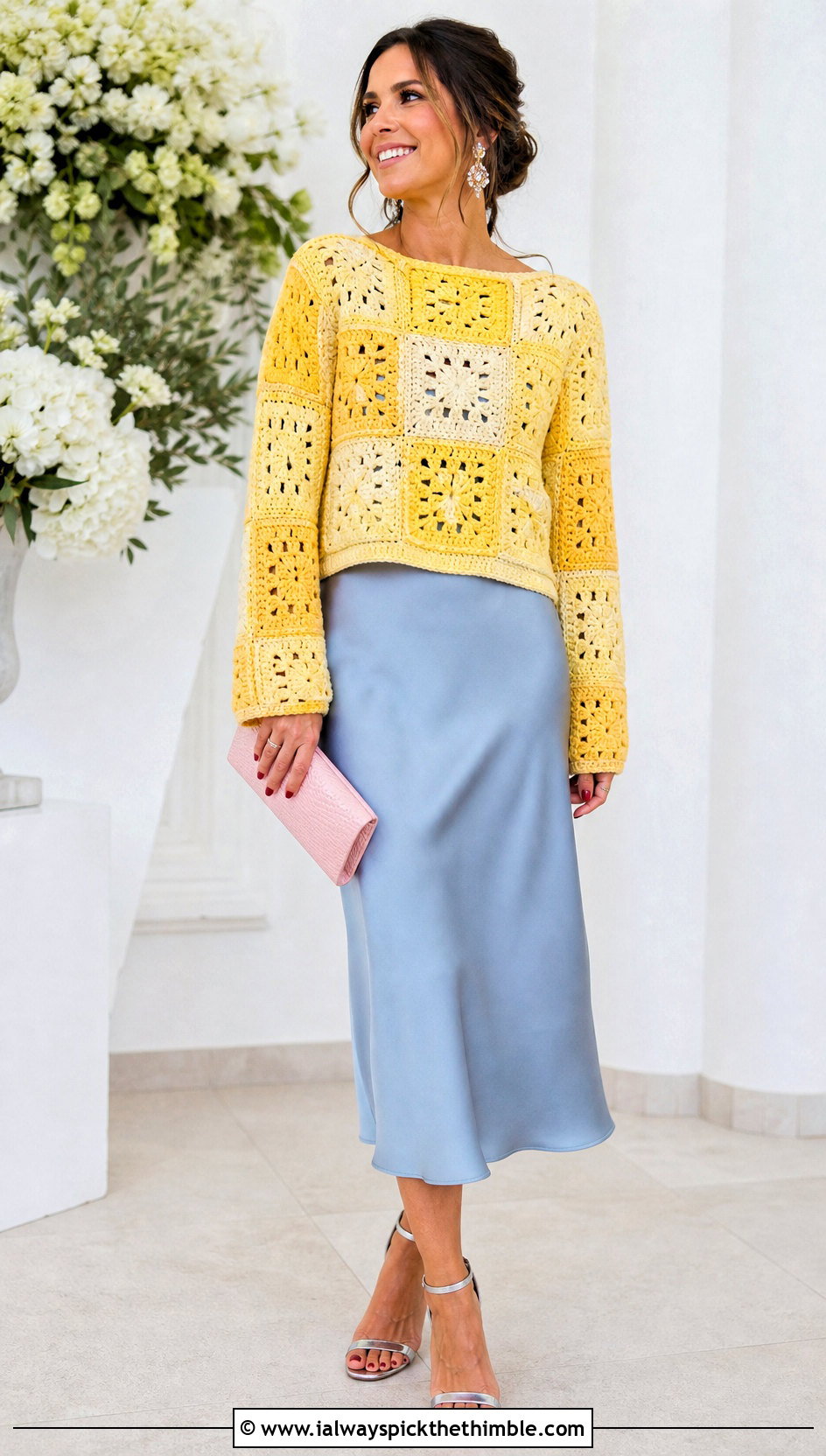 Mimosa Yellow Patchwork Crochet Sweater With Slip Dress - 20 Crochet Yellow Sweater outfit ideas