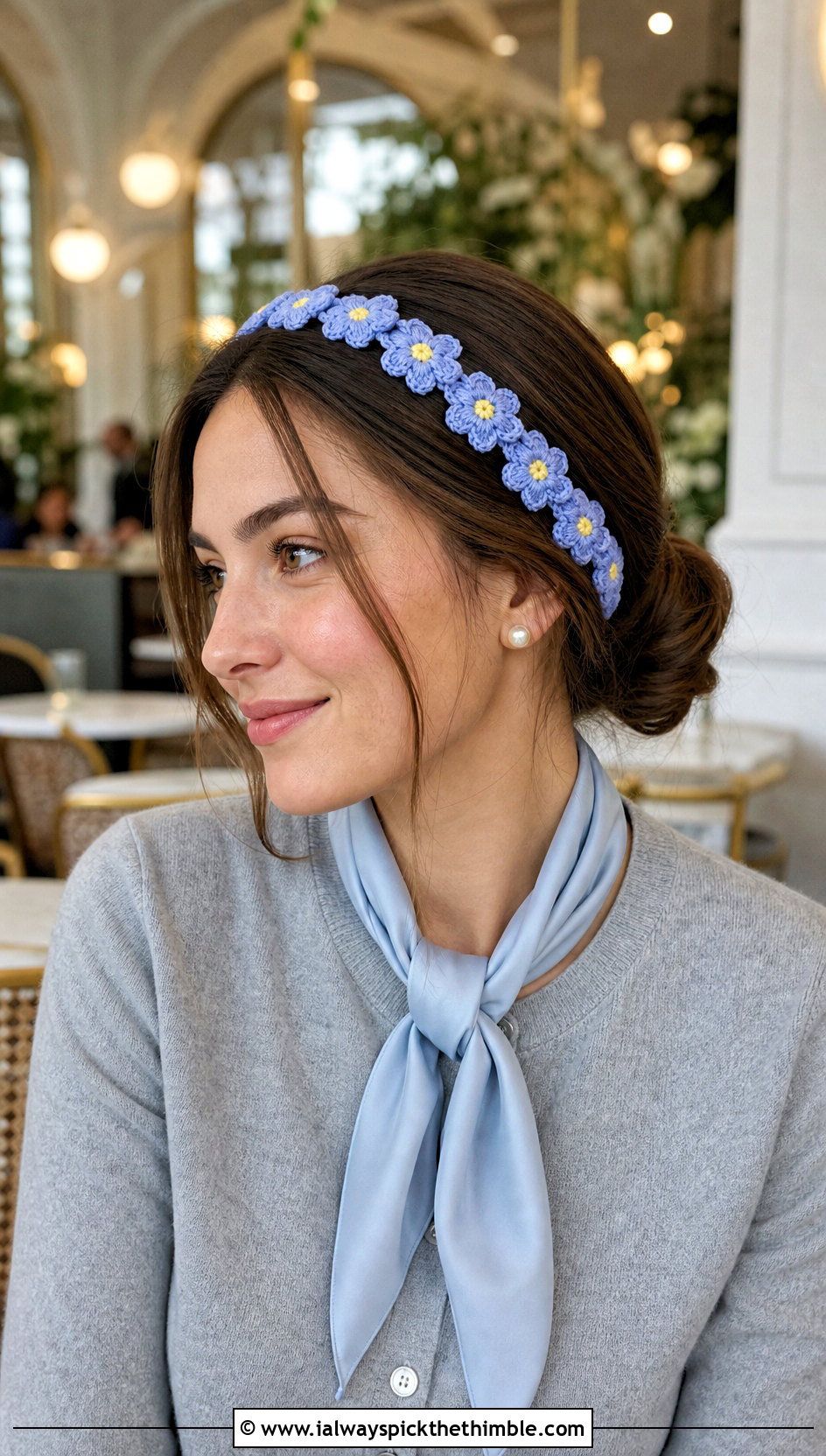 Mini Blossom Crochet Headband With Elastic And Old Money Outfit - 15 crochet flower headband with elastic outfit ideas