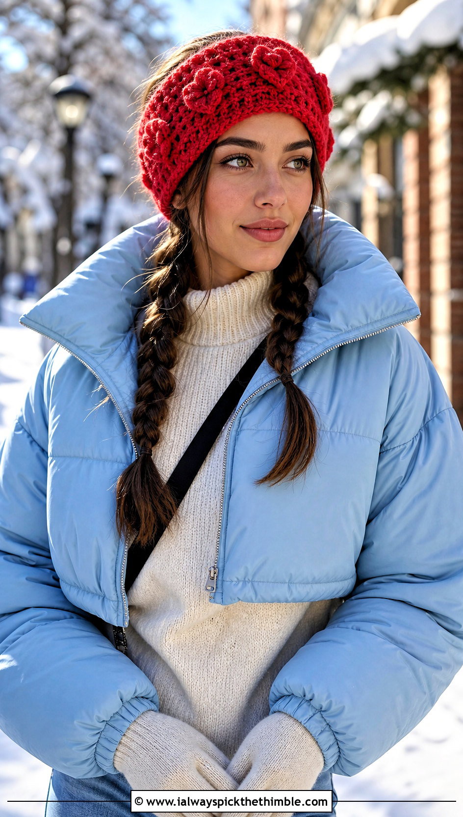 Mini Blossom Crochet Headband With Puffer Jacket - 15 crochet lovely flower headband outfit ideas