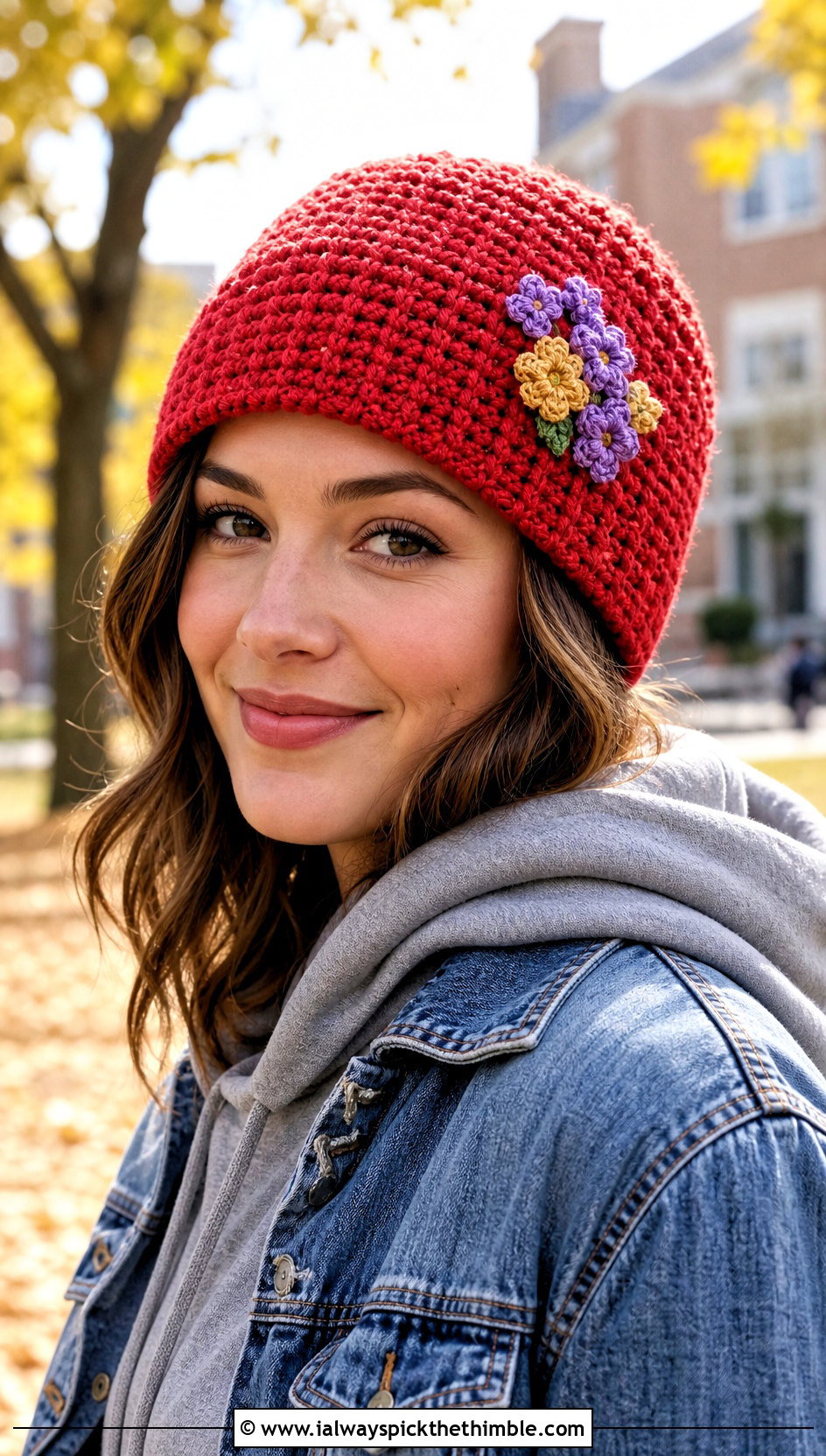 Mini Bouquet Crochet Ridge Beanie With Denim Jacket - 20 crochet flower hat outfit ideas