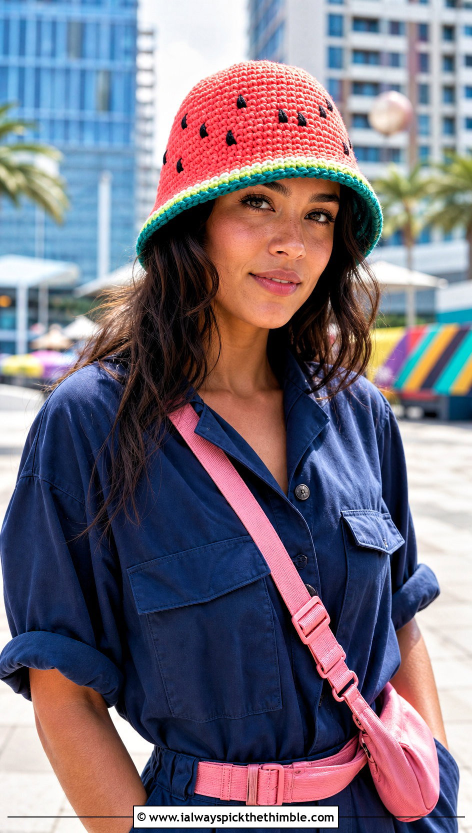 Mini Brim Crochet Watermelon Bucket Hat With Utility Jumpsuit - 20 crochet watermelon bucket hat outfit ideas