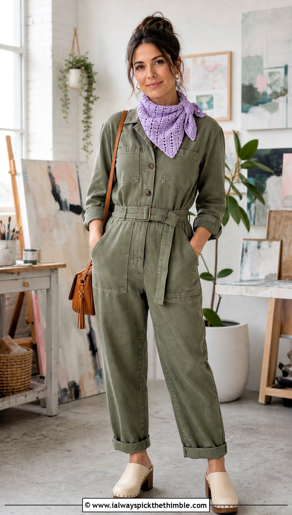 Mini C2C Neck Scarf With Utility Jumpsuit And Clogs - 25 c2c crochet scarf outfit ideas