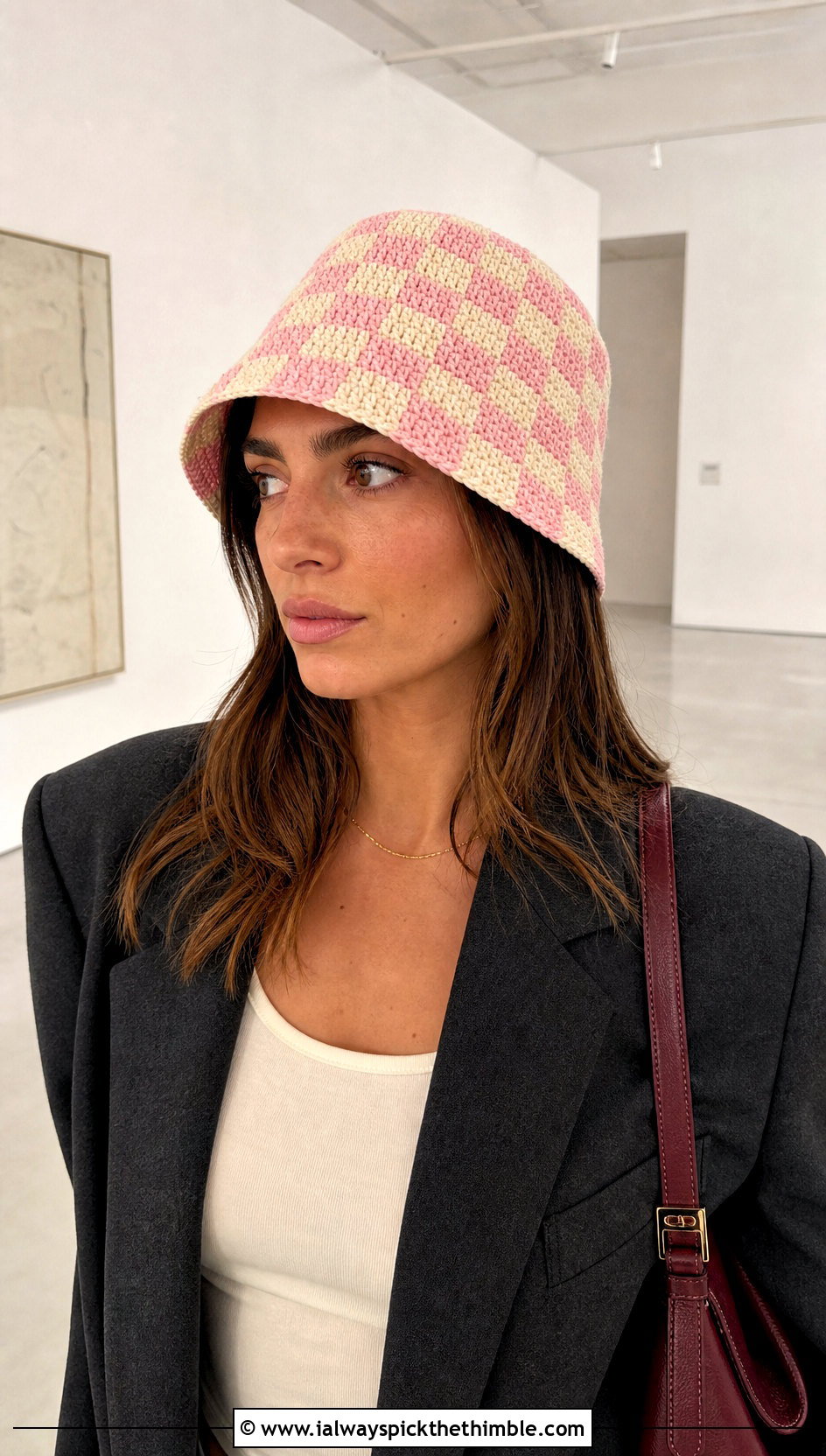 Mini Check Crochet Bucket Hat With Blazer And Trousers - 20 checkerboard crochet bucket hat outfit ideas
