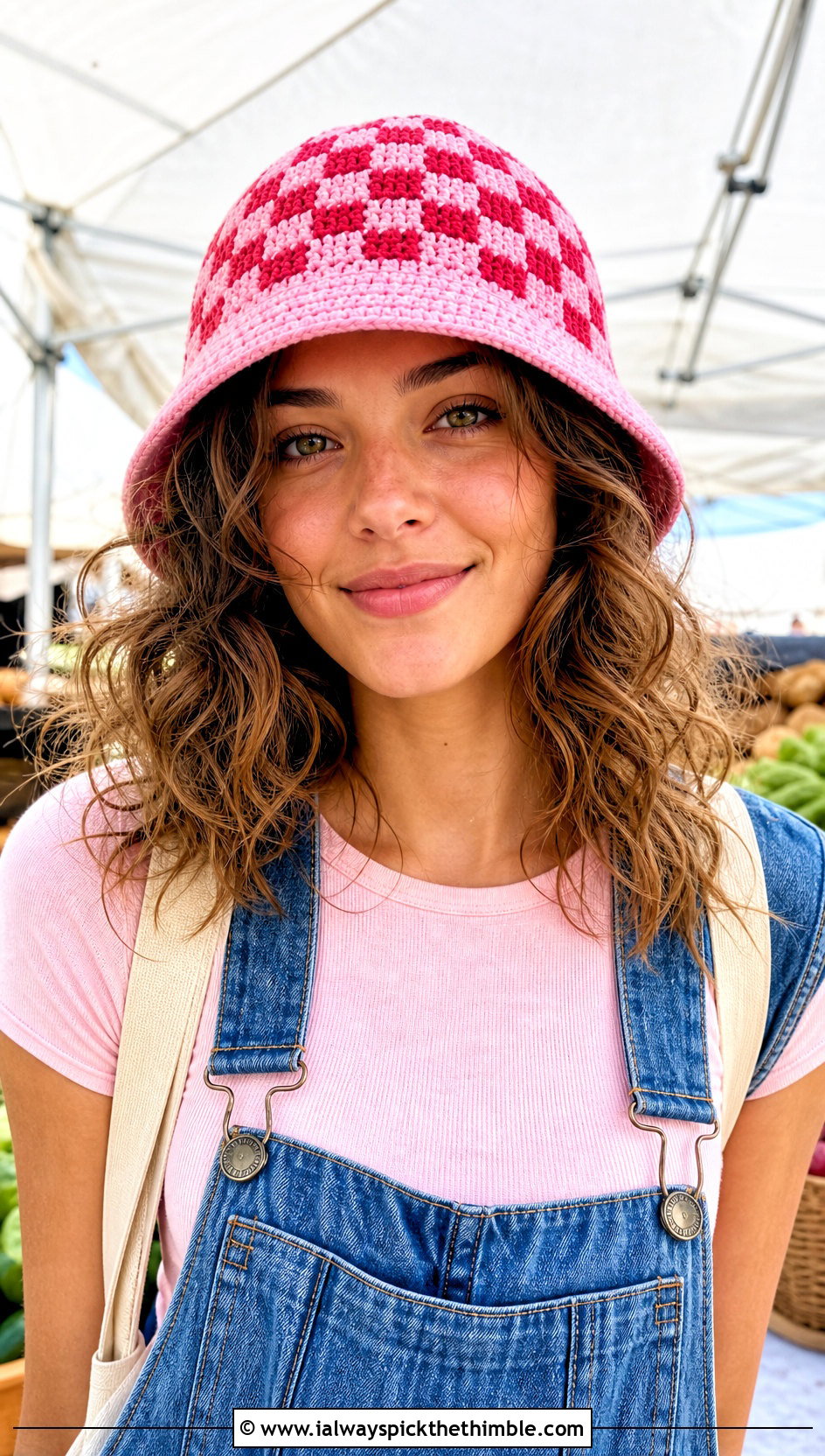 Mini Checkered Crochet Bucket Hat With Denim Overalls - 25 crochet checkered bucket hat outfit ideas