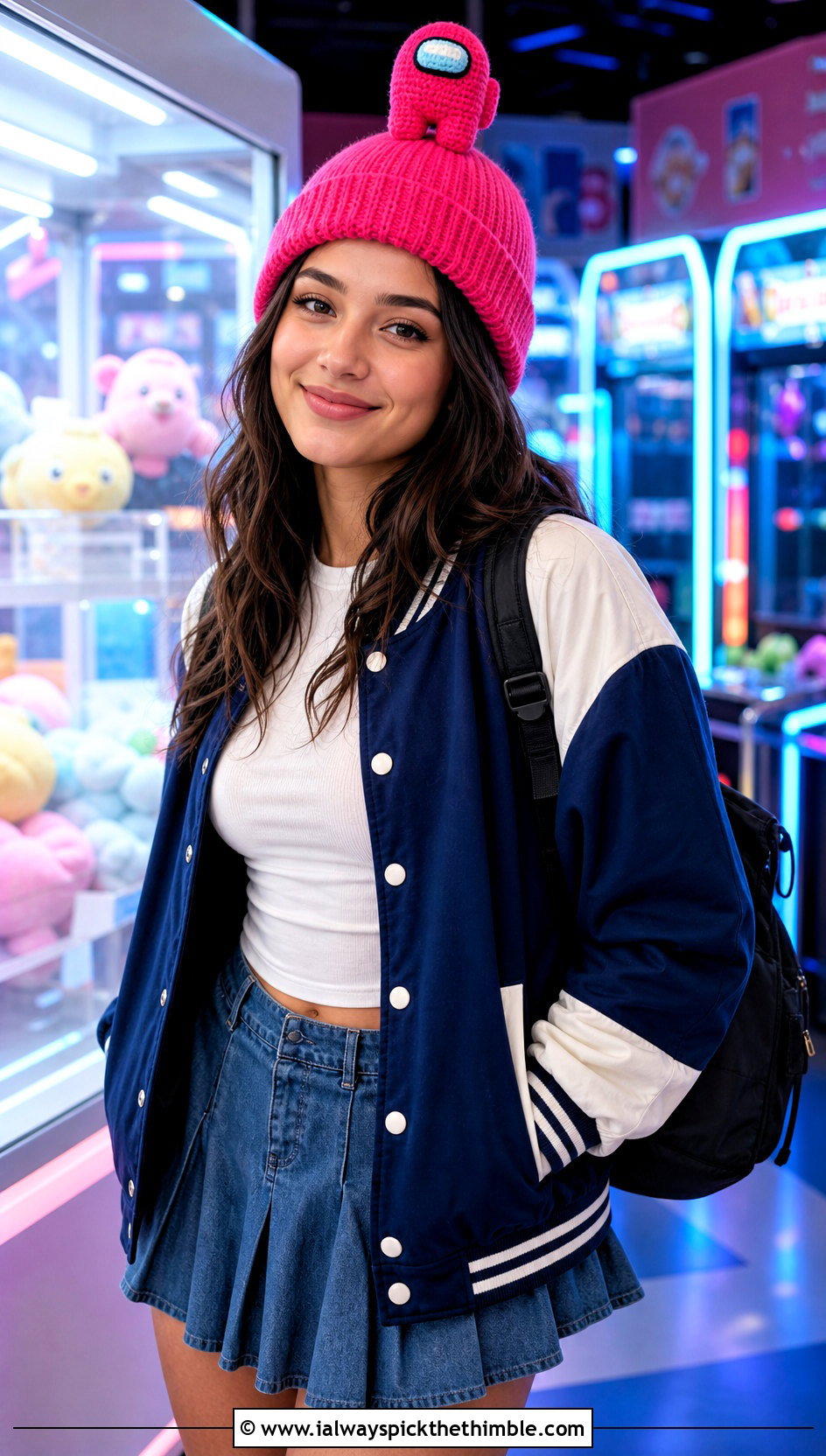Mini Crewmate Topper Beanie With Varsity Jacket - 20 Among Us Crochet Hat outfit ideas