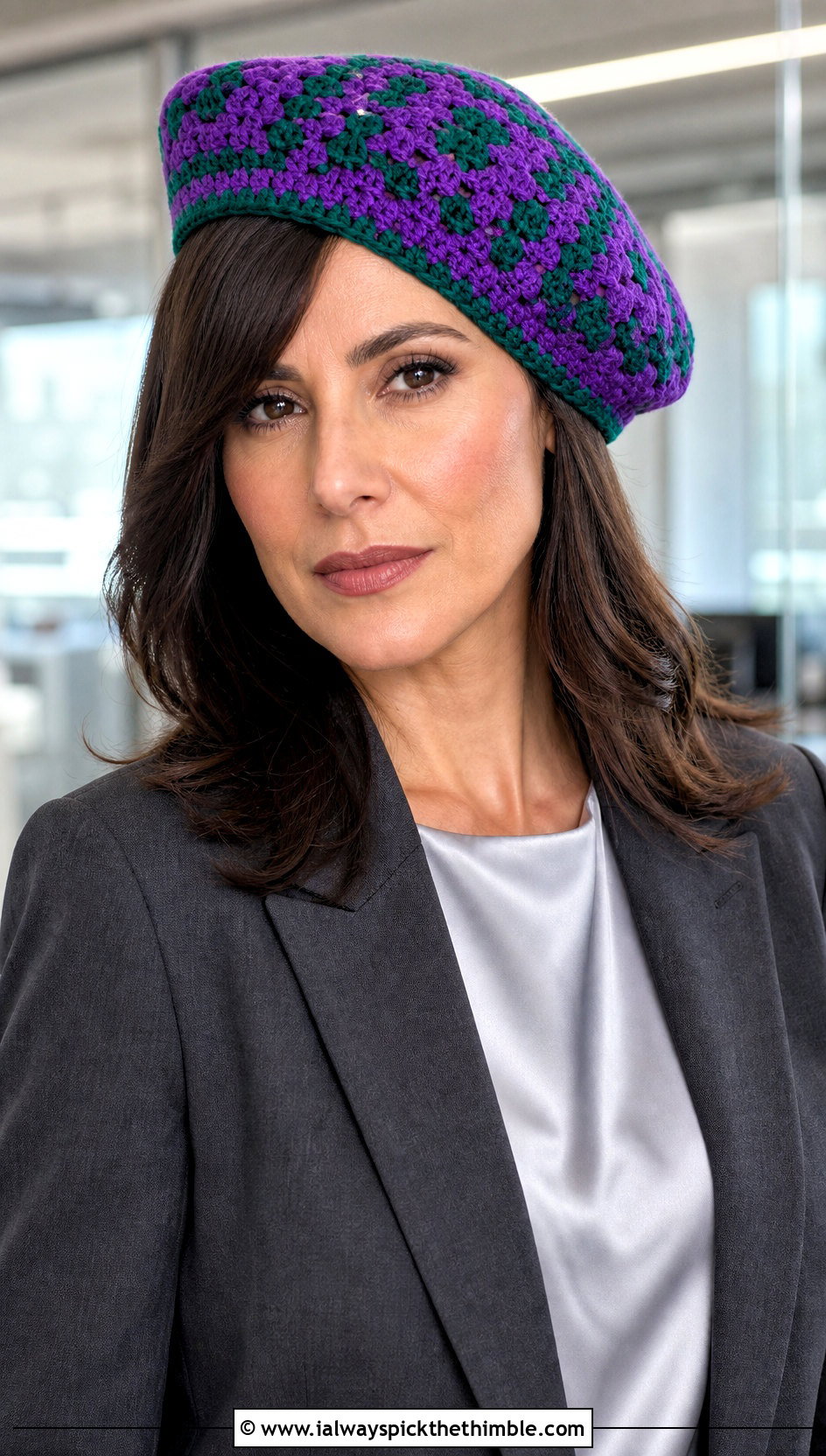 Mini Crochet Granny Square Beret With Tailored Suit - 20 Crochet Granny Square Beret outfit ideas