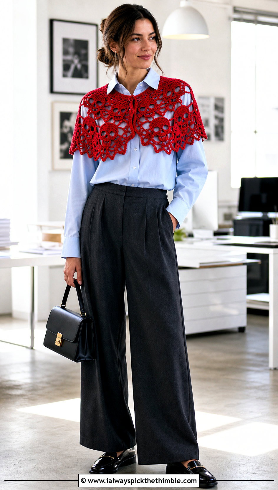 Mini Crochet Skull Shawlette With Poplin Shirt And Trousers - 25 crochet skull shawl outfit ideas