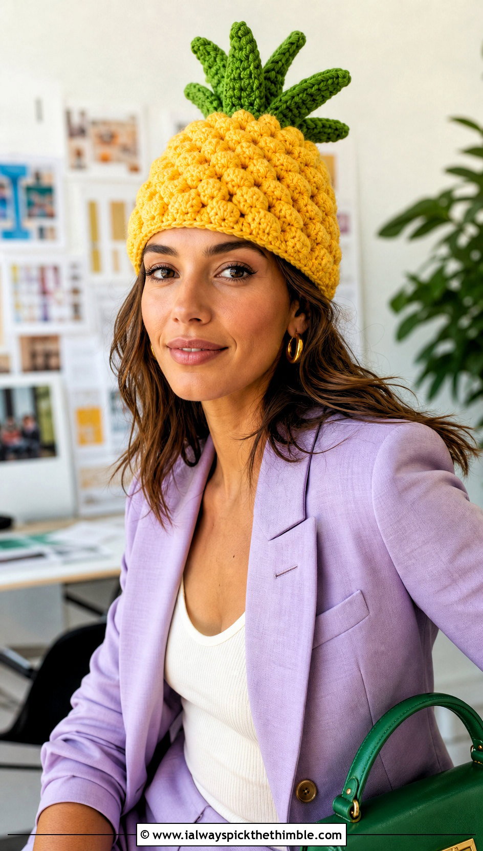 Mini Crown Yellow Crochet Pineapple Cap With A Pantsuit - 15 Yellow Crochet Pineapple Hat outfit ideas