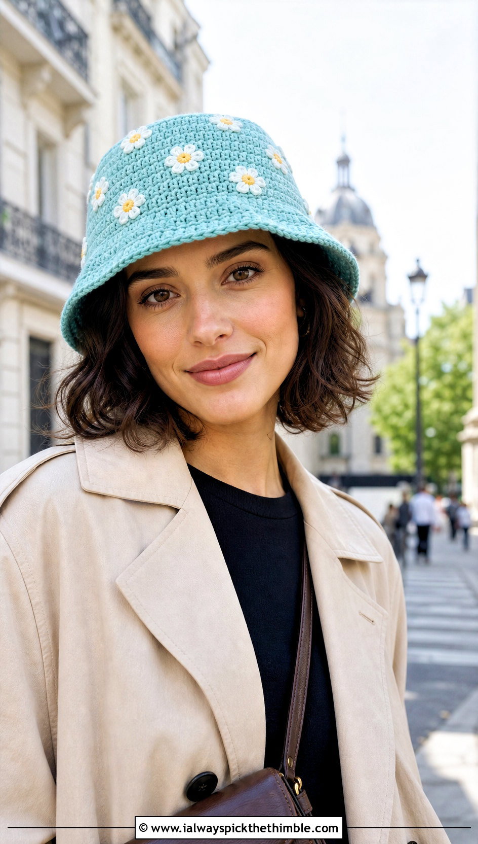 Mini Daisy Crochet Bucket Hat With Trench Coat - 20 daisy crochet bucket hat outfit ideas