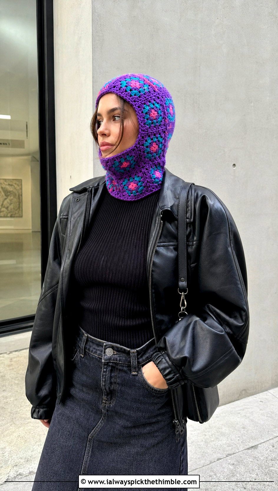 Mini Granny Square Balaclava With Leather Bomber - 20 crochet granny square balaclava outfit ideas