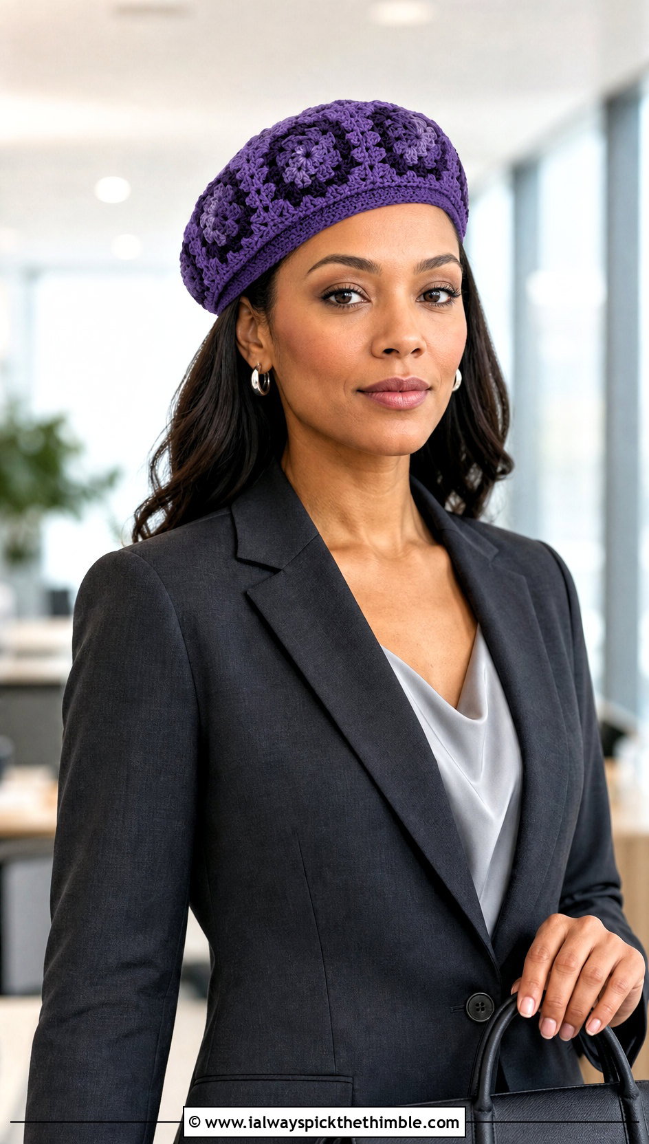 Mini Granny Square Beret With Tailored Suit - 20 Granny Square Beret outfit ideas