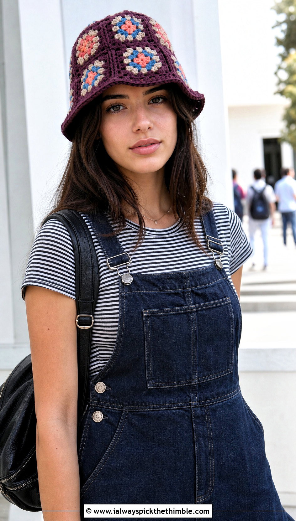 Mini Granny Square Bucket Hat With Striped Tee And Overalls - 25 Granny Square Bucket Hat outfit ideas
