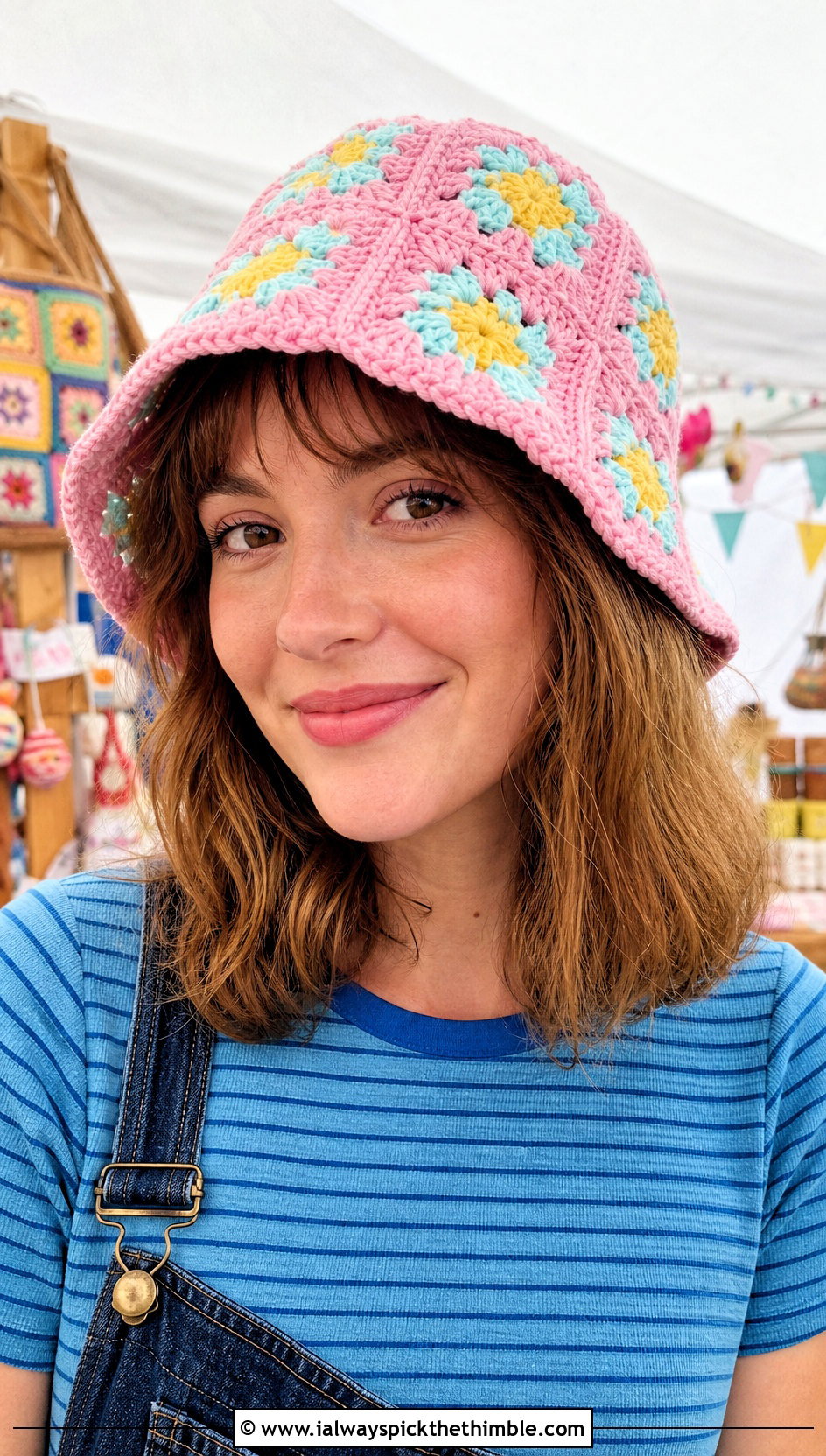 Mini Granny Square Crochet Bucket Hat With Overalls And Striped Tee - 25 granny square crochet bucket hat outfit ideas
