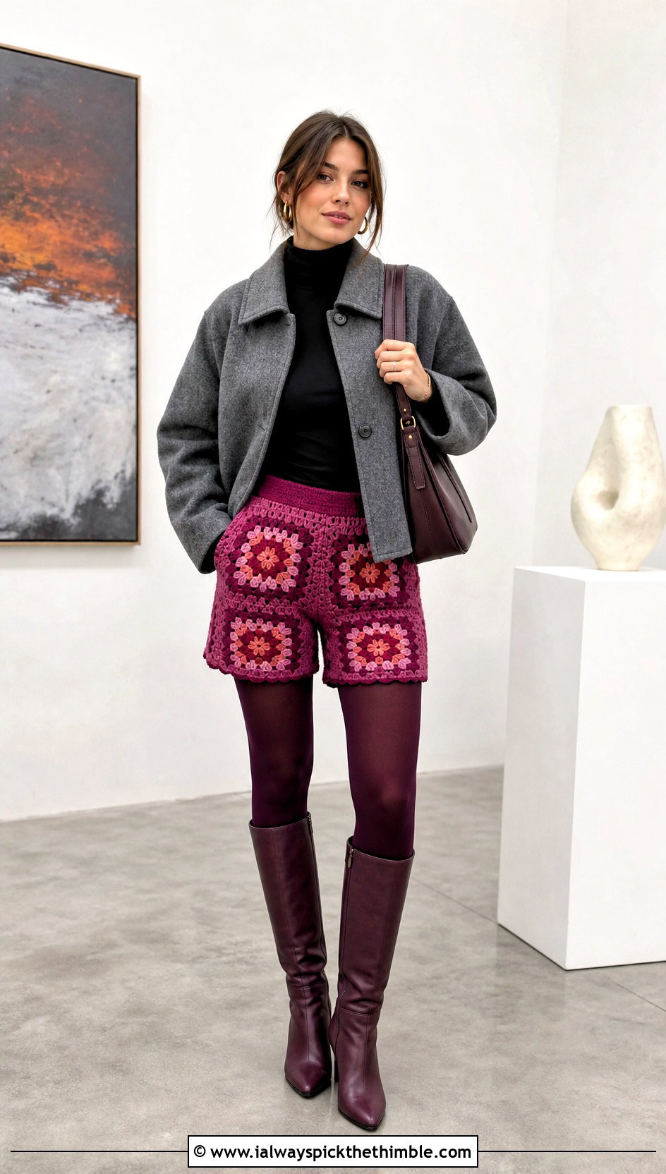 Mini Granny Square Crochet Shorts With Knee High Boots - 25 granny square crochet shorts outfit ideas
