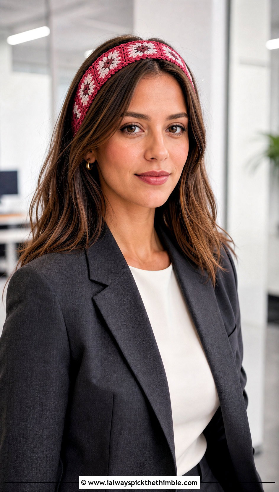 Mini Granny Square Headband With Blazer And Tailored Trousers - 25 granny square headband outfit ideas