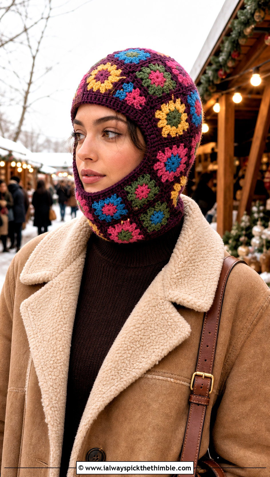 Mini Granny Square Helmet Balaclava With Shearling Jacket - 20 crochet helmet balaclava outfit ideas