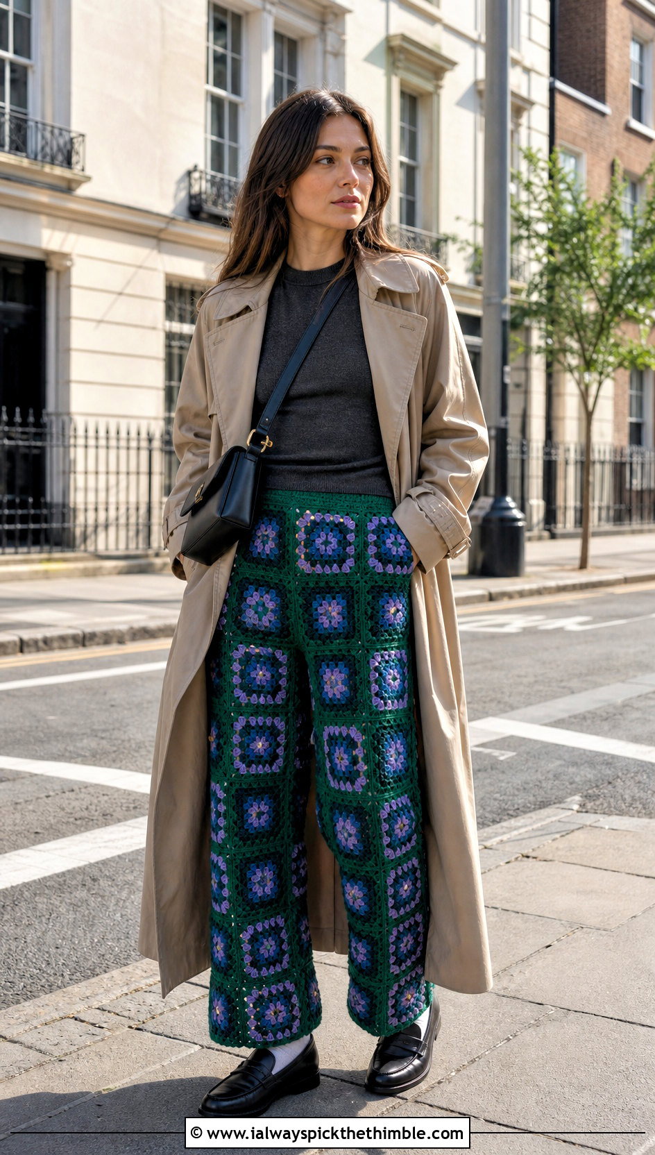Mini Granny Square Trousers With Trench Coat - 25 granny square trousers outfit ideas