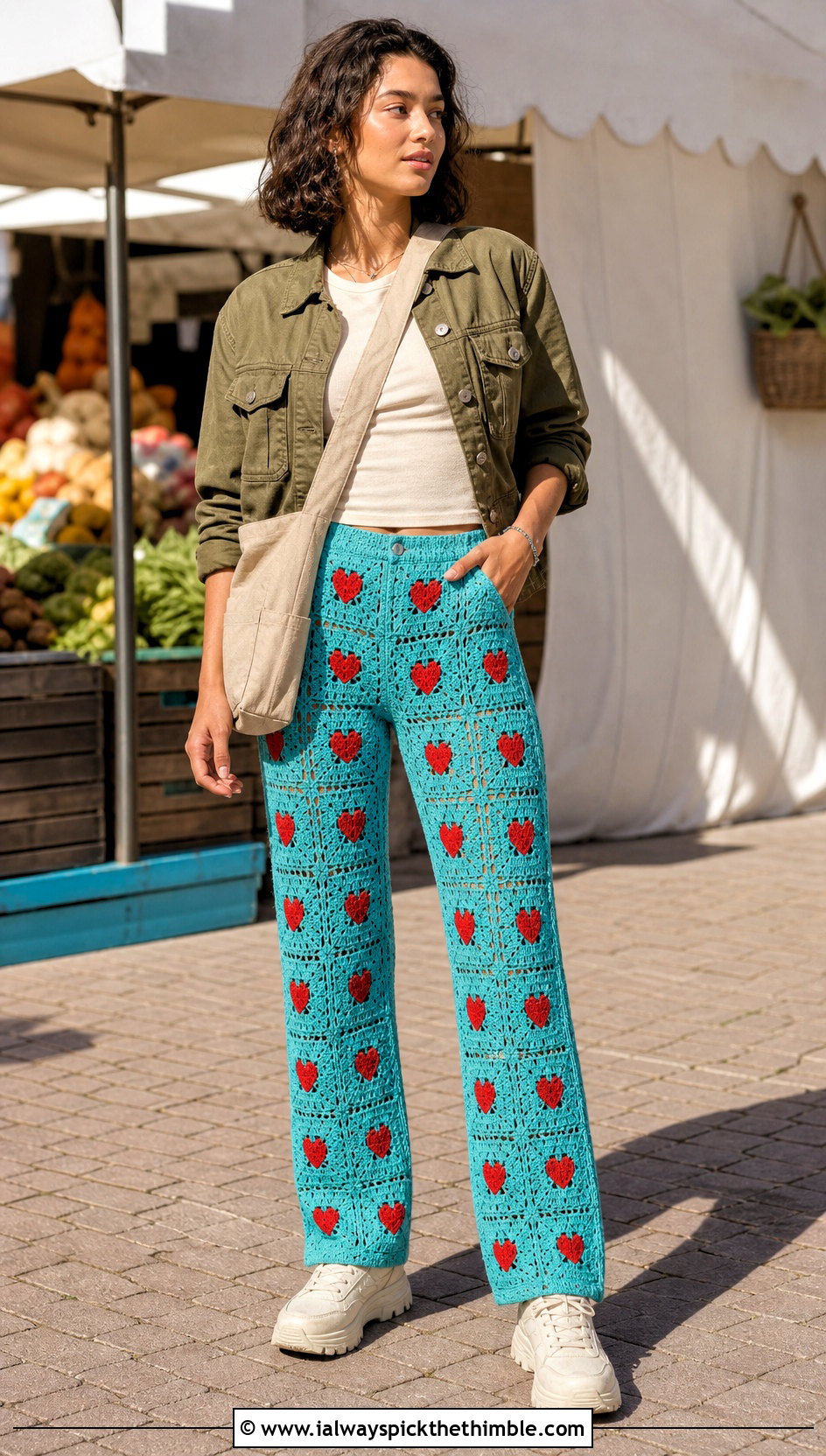 Mini Heart Granny Square Pants With Utility Jacket - 20 heart granny square pants outfit ideas