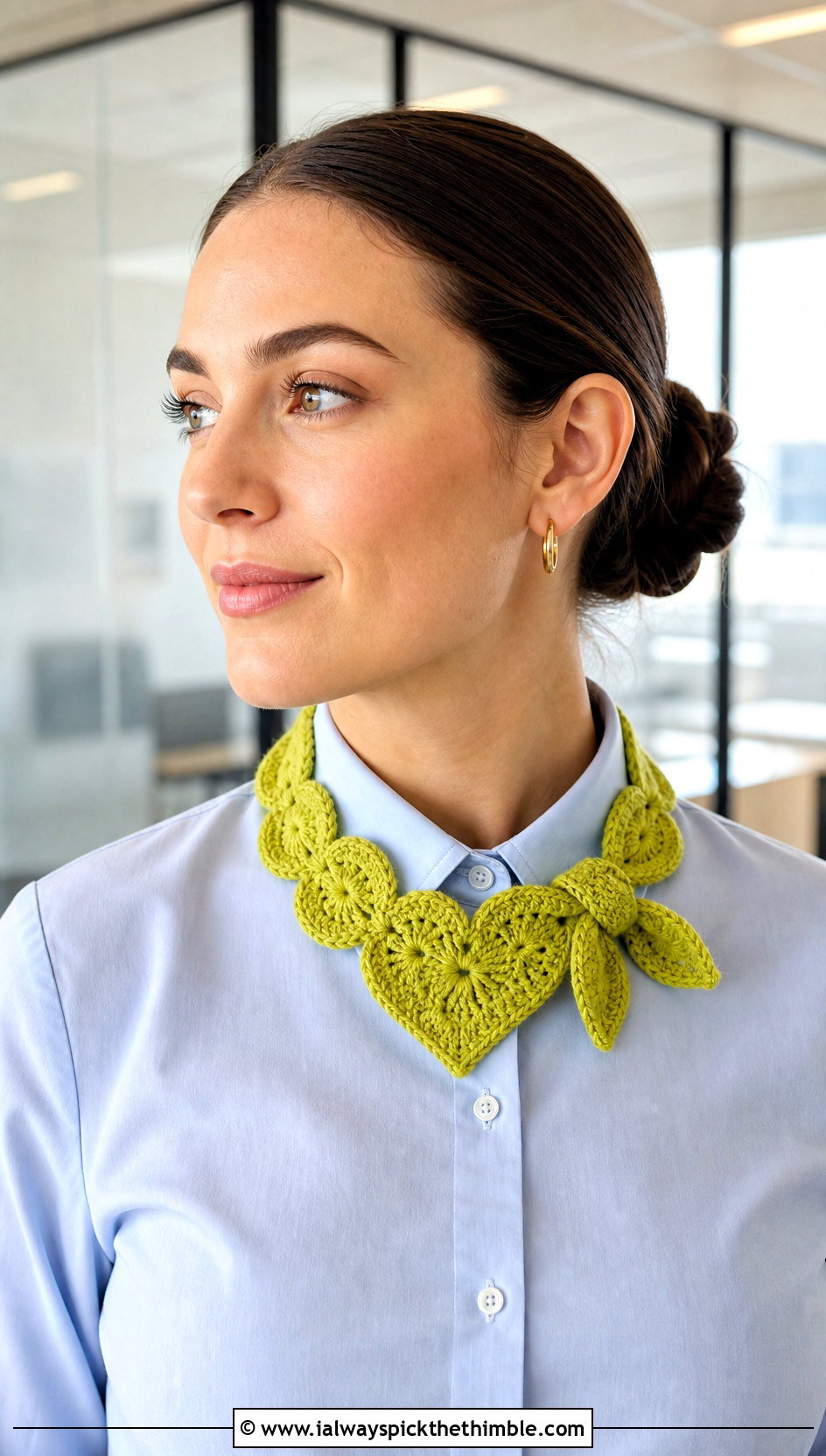 Mini Heart Scarf With Button Down Shirt - 20 crochet heart scarf outfit ideas