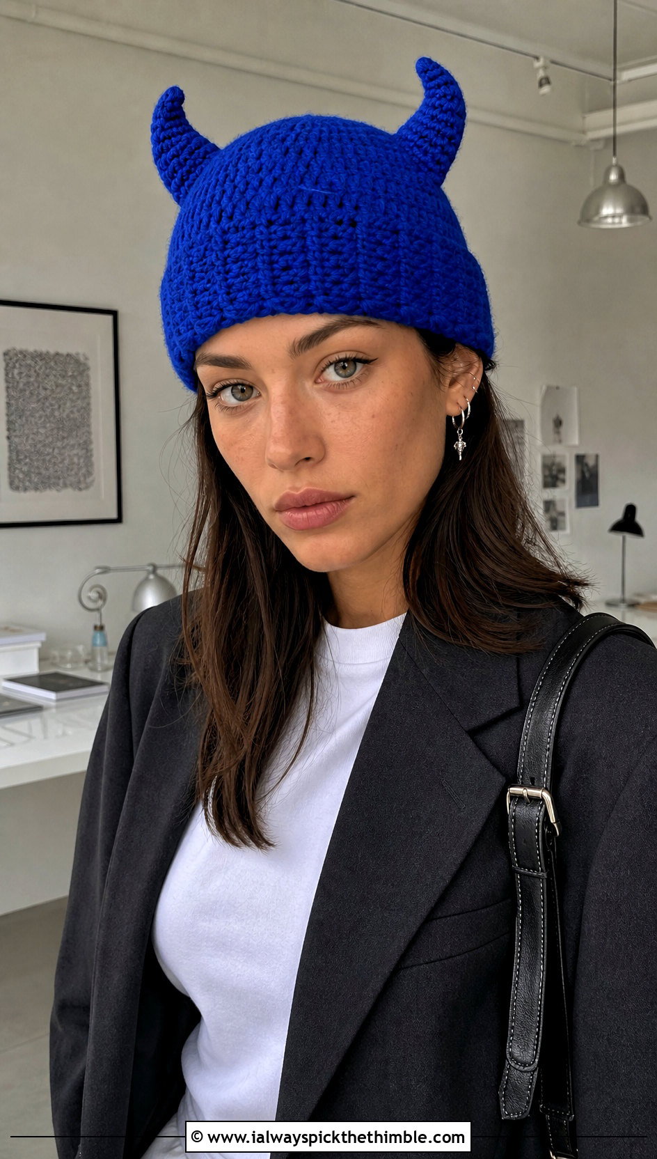 Mini Horn Crochet Beanie With Blazer And Trousers - 20 Crochet Horned Beanie outfit ideas