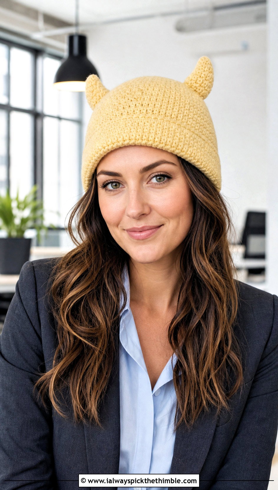 Mini Horn Viking Beanie With Office Suit - 25 crochet viking hat outfit ideas