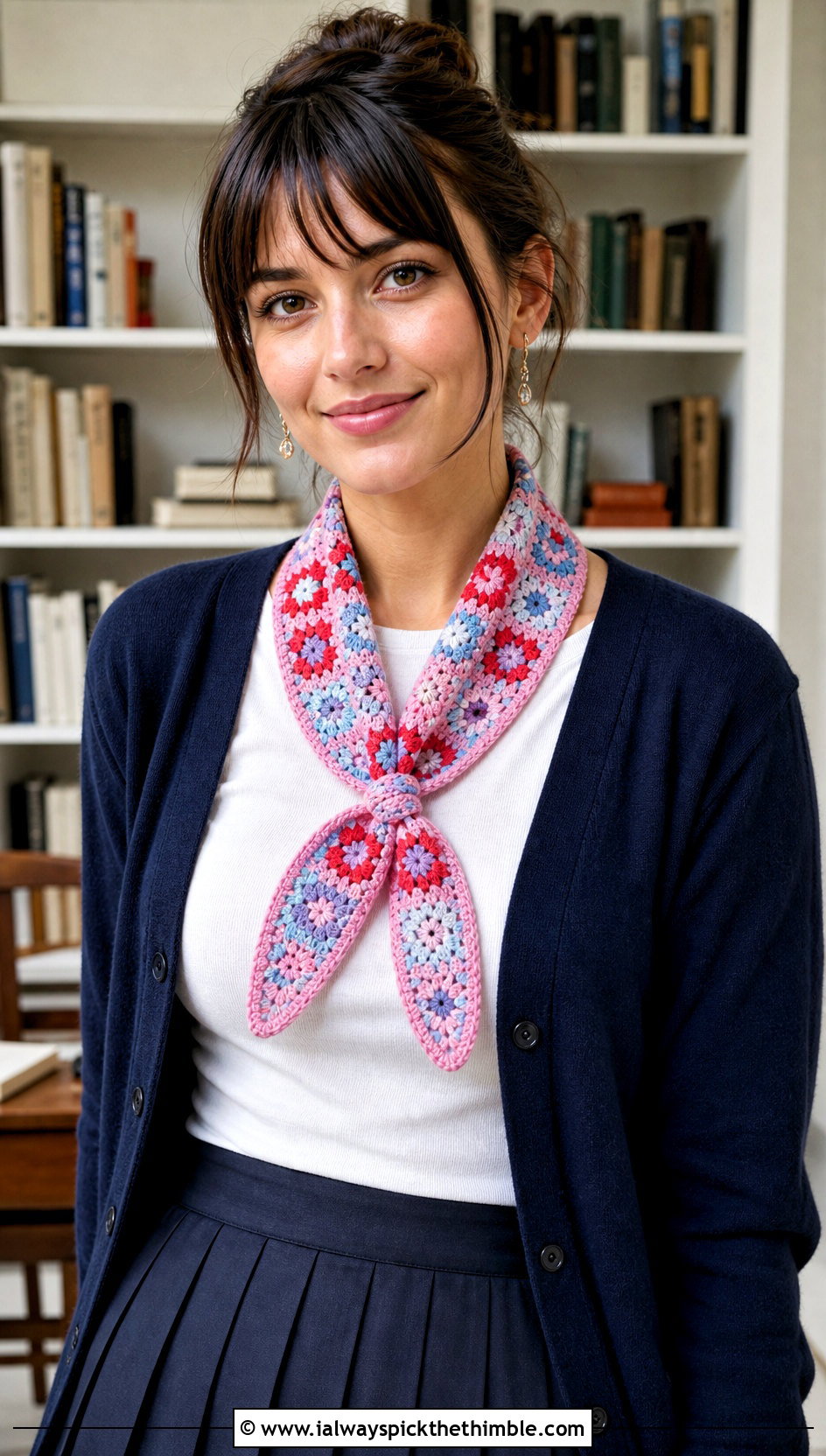 Mini Motif Granny Square Scarf With Cardigan And Pleated Skirt - 20 crochet granny square scarf outfit ideas